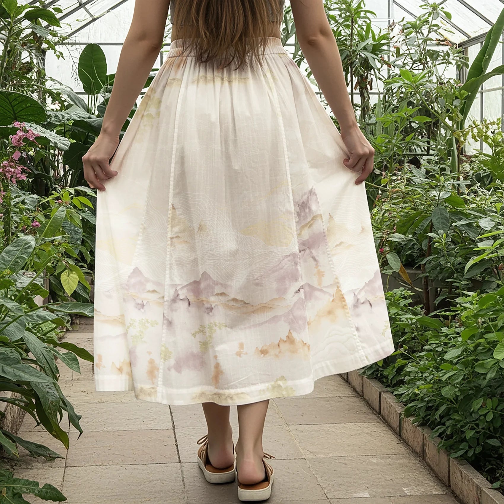 Women Casual Maxi Skirt Long Elastic Waist with Pockets 100% Cotton Yellow Aloha Etherial Eastern Mountain Clouds