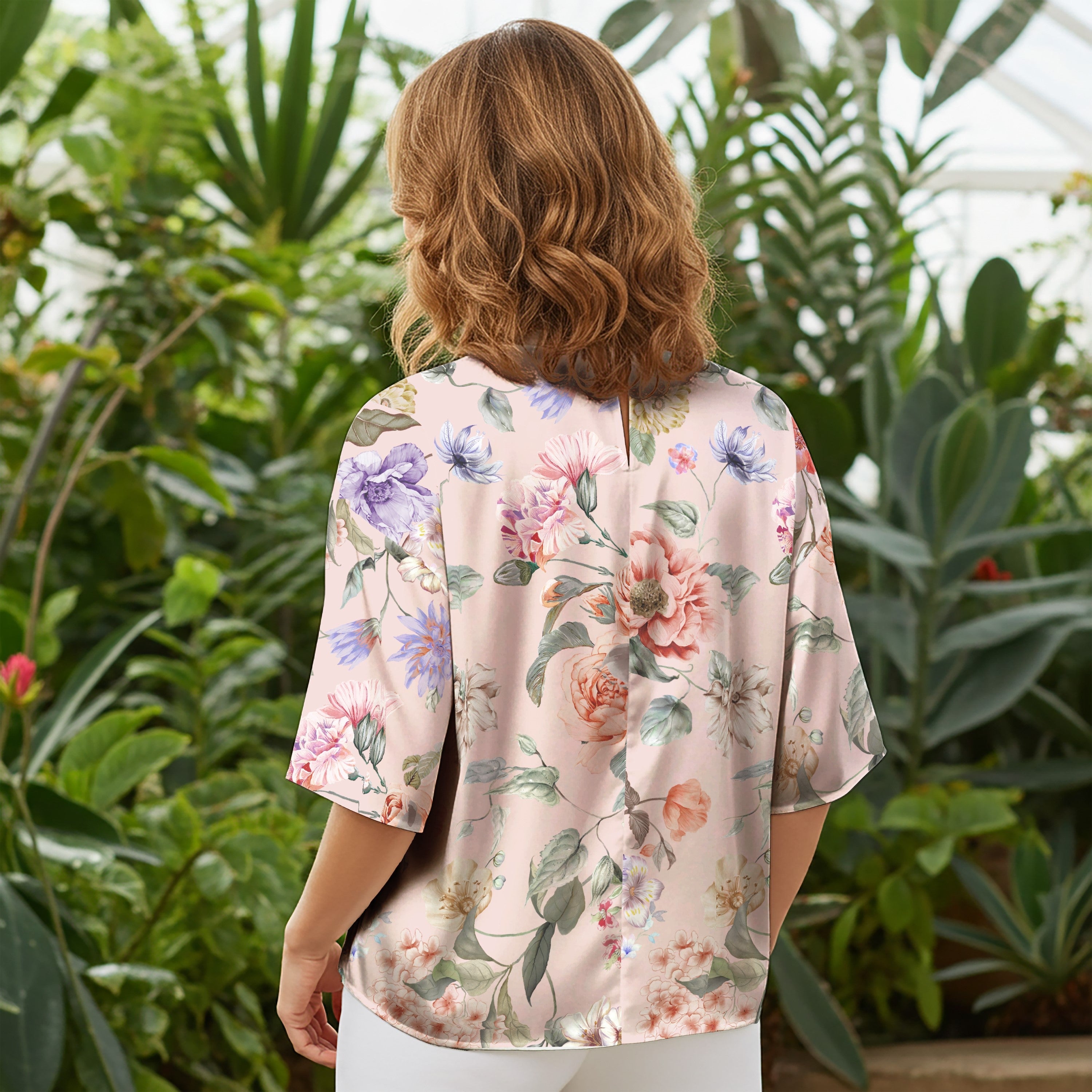 Women Casual Blouse Elbow Sleeve Round Neck Button-Back 100% Tencel Aloha Charm Of Soft Flowers