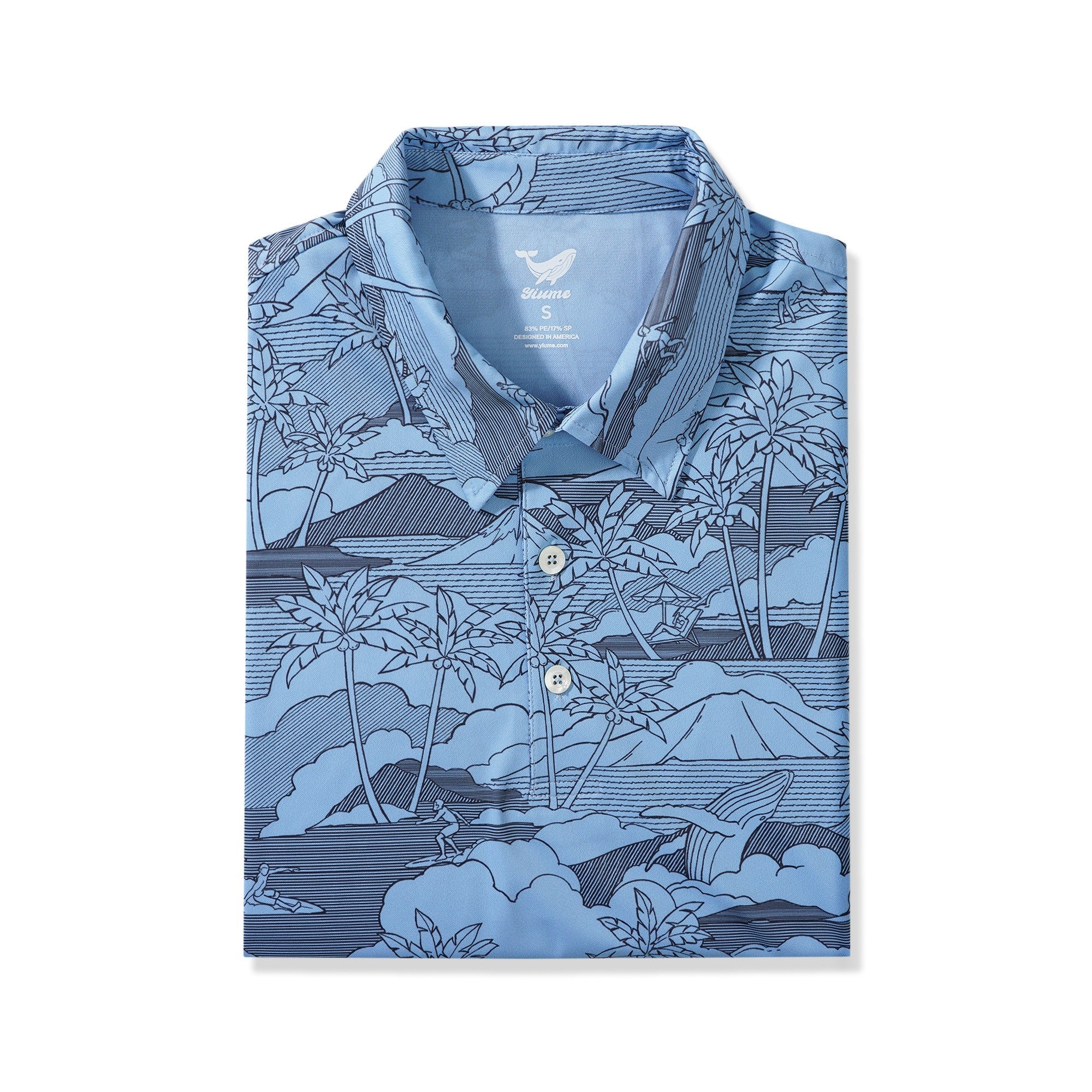Men's Hawaiian Polo Shirt Short Sleeve 83% Recycled polyester 17% Spandex Blue Aloha Island Surfing