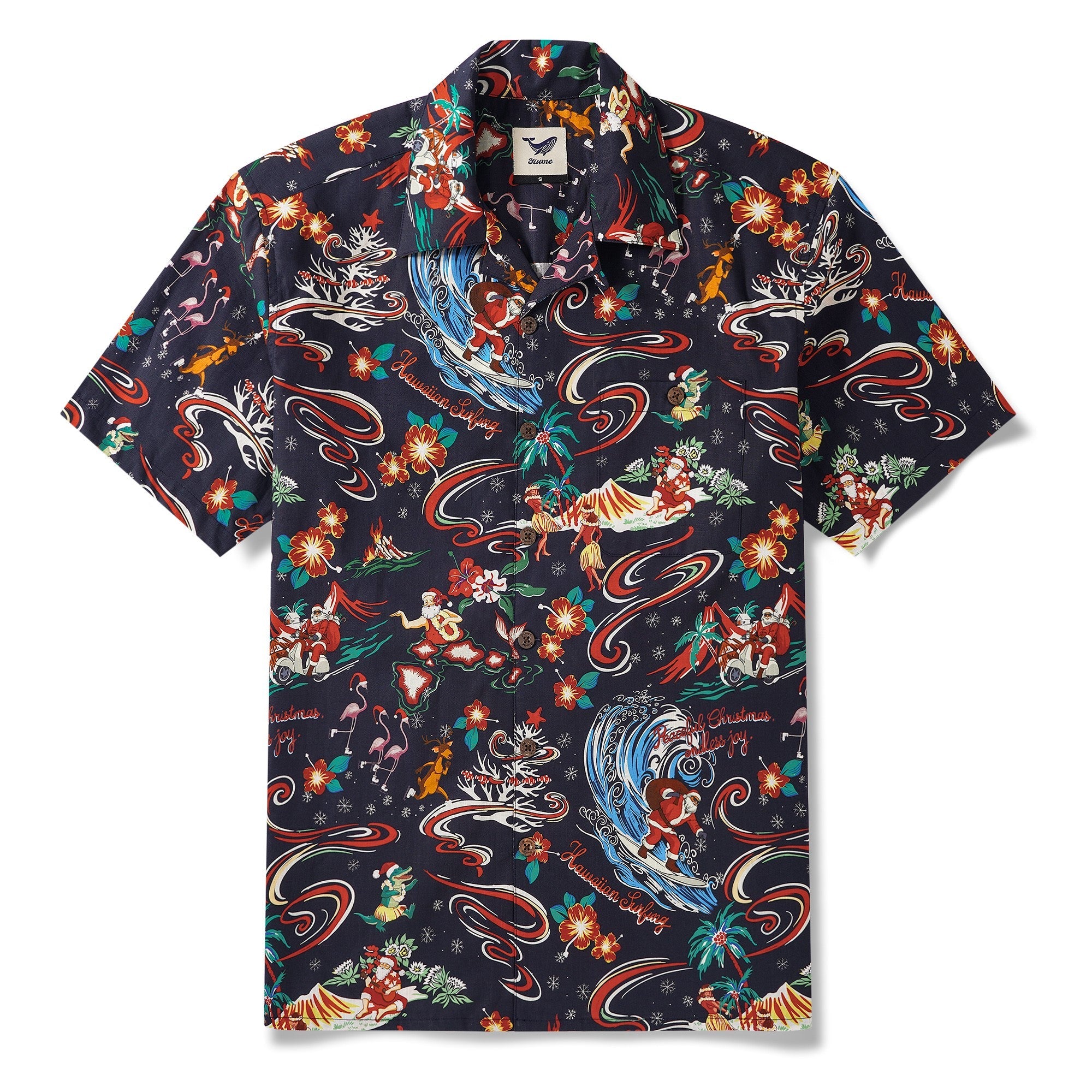 Men's Hawaiian Shirt Short Sleeve Camp Collar 100% Cotton Blue Aloha Christmas In Hawaii