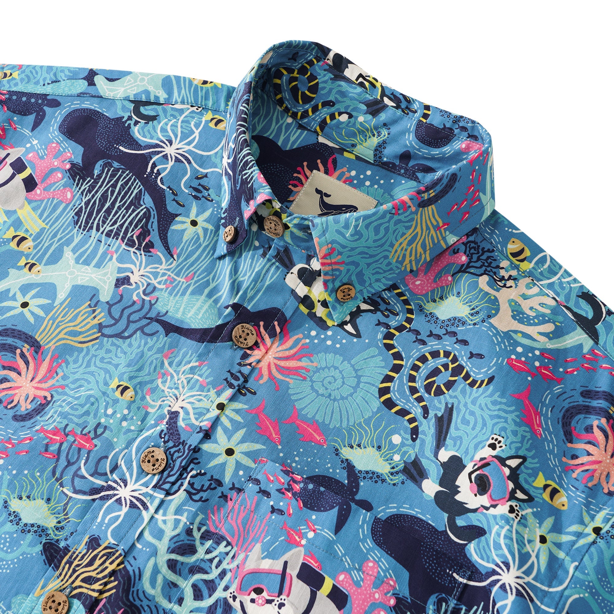 Men's Hawaiian Shirt Short Sleeve Button-down 100% Cotton Blue Aloha Dive Pup