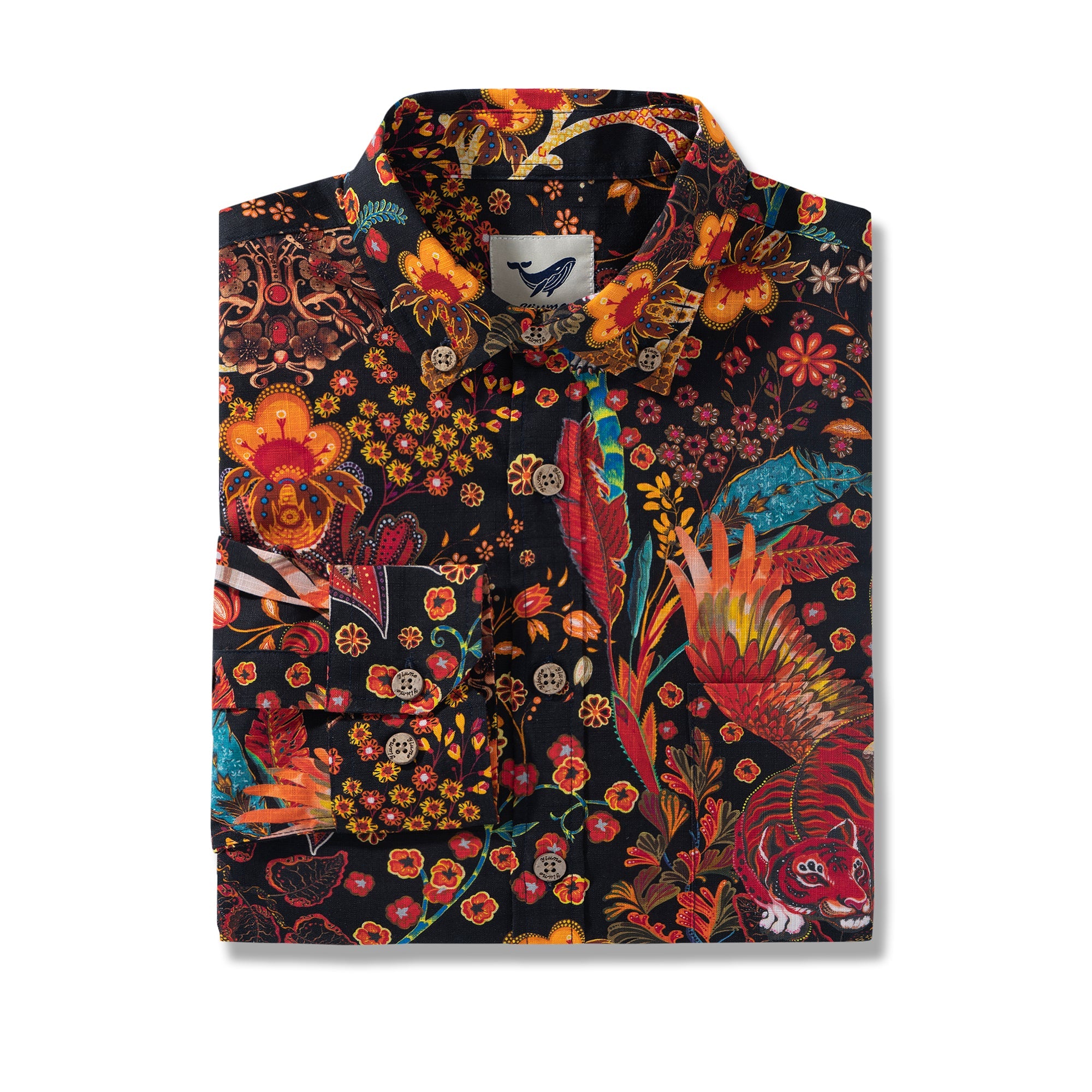 Long Sleeve Hawaiian Shirt For Men Blazing Tiger Cotton Button-down Aloha Shirt