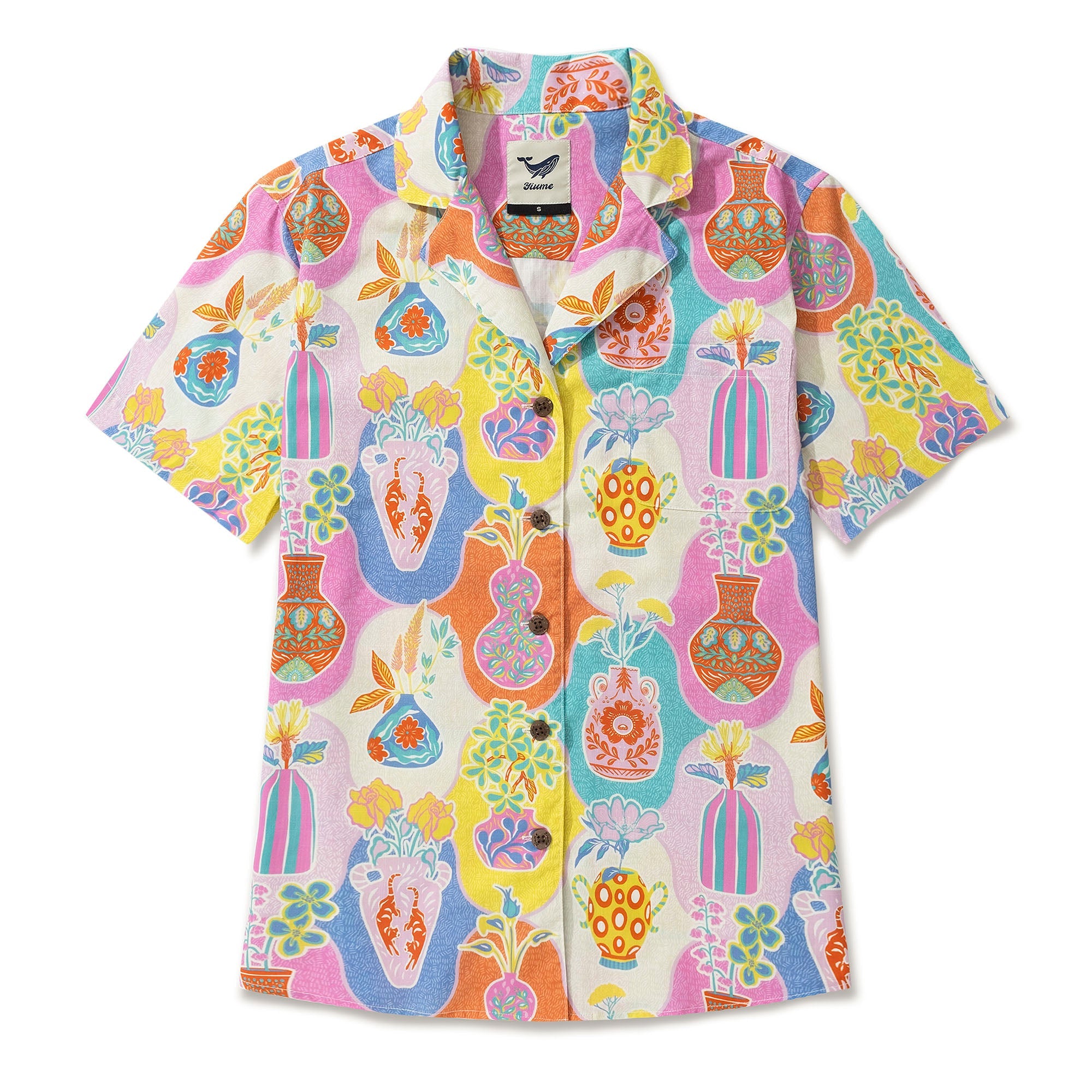 Women's Hawaiian Shirt Short Sleeve Camp Collar 100% Cotton Orange Aloha Colorful Kitschy Vases By Mona Ahmed