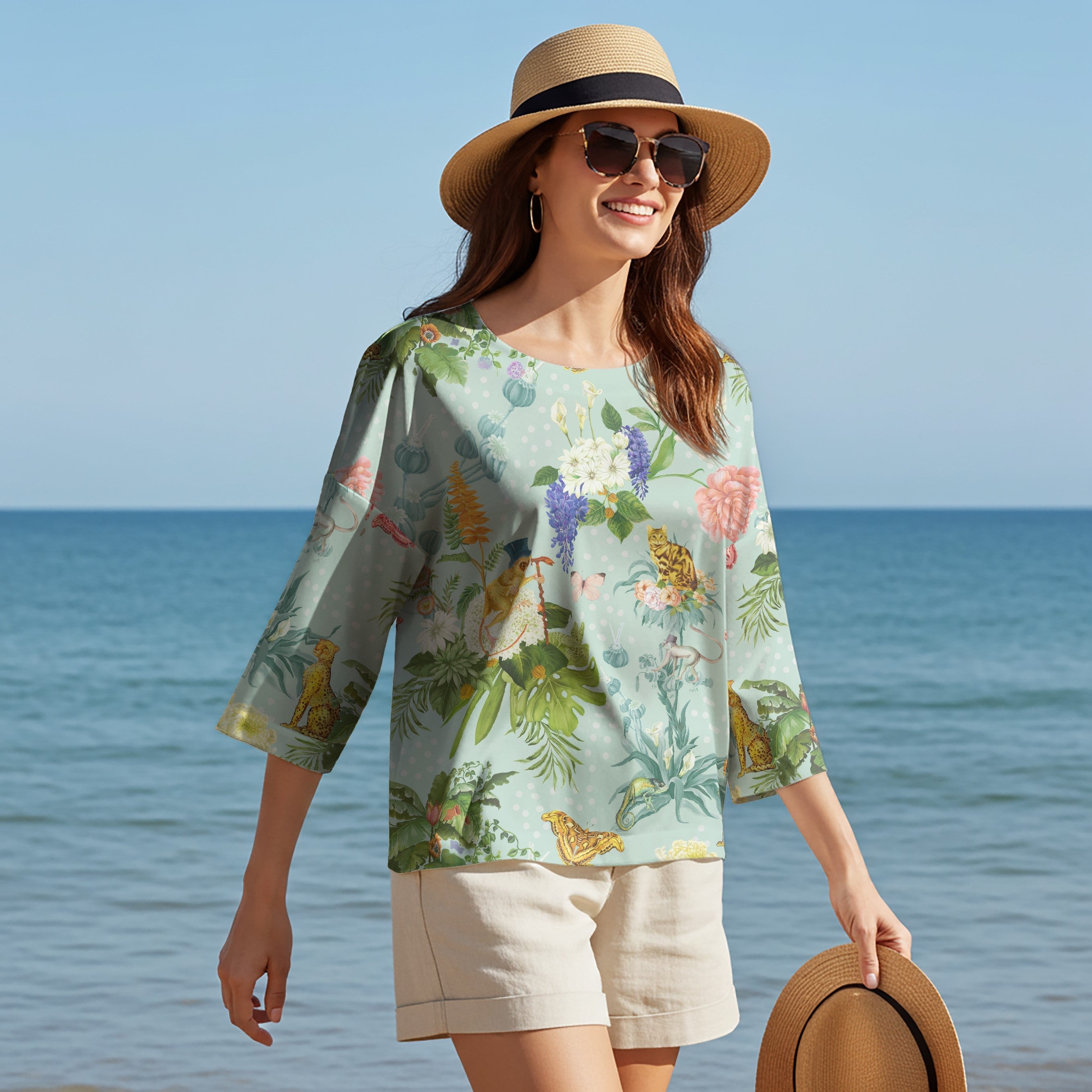 Women Casual Blouse 3/4 Sleeve Round Neck 76% Tencel, 24% Nylon Green Aloha Quirky Nature Party