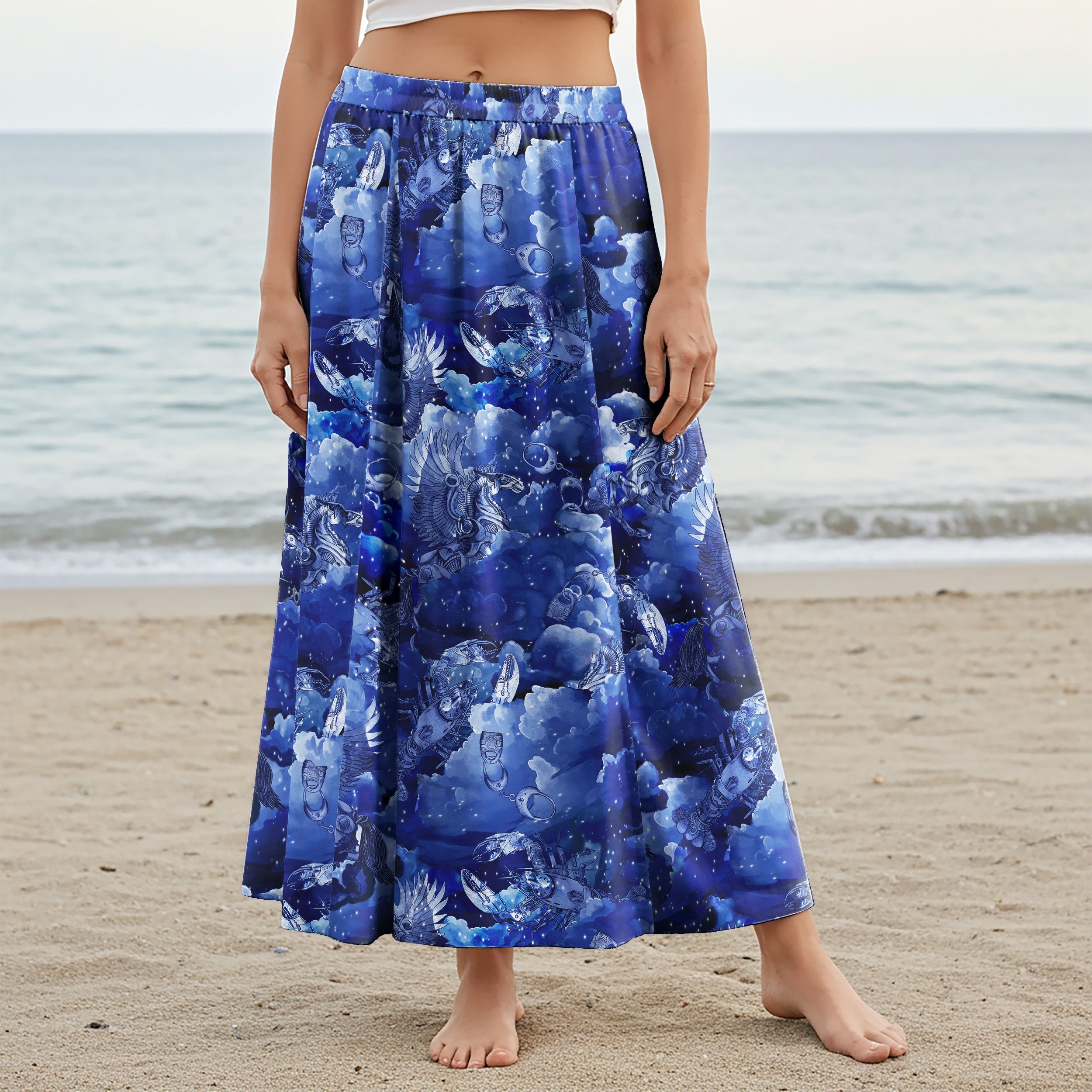 Women Casual Maxi Skirt Long Elastic Waist with Pockets 100% Cotton Blue Aloha Skylight Mechanical Dream