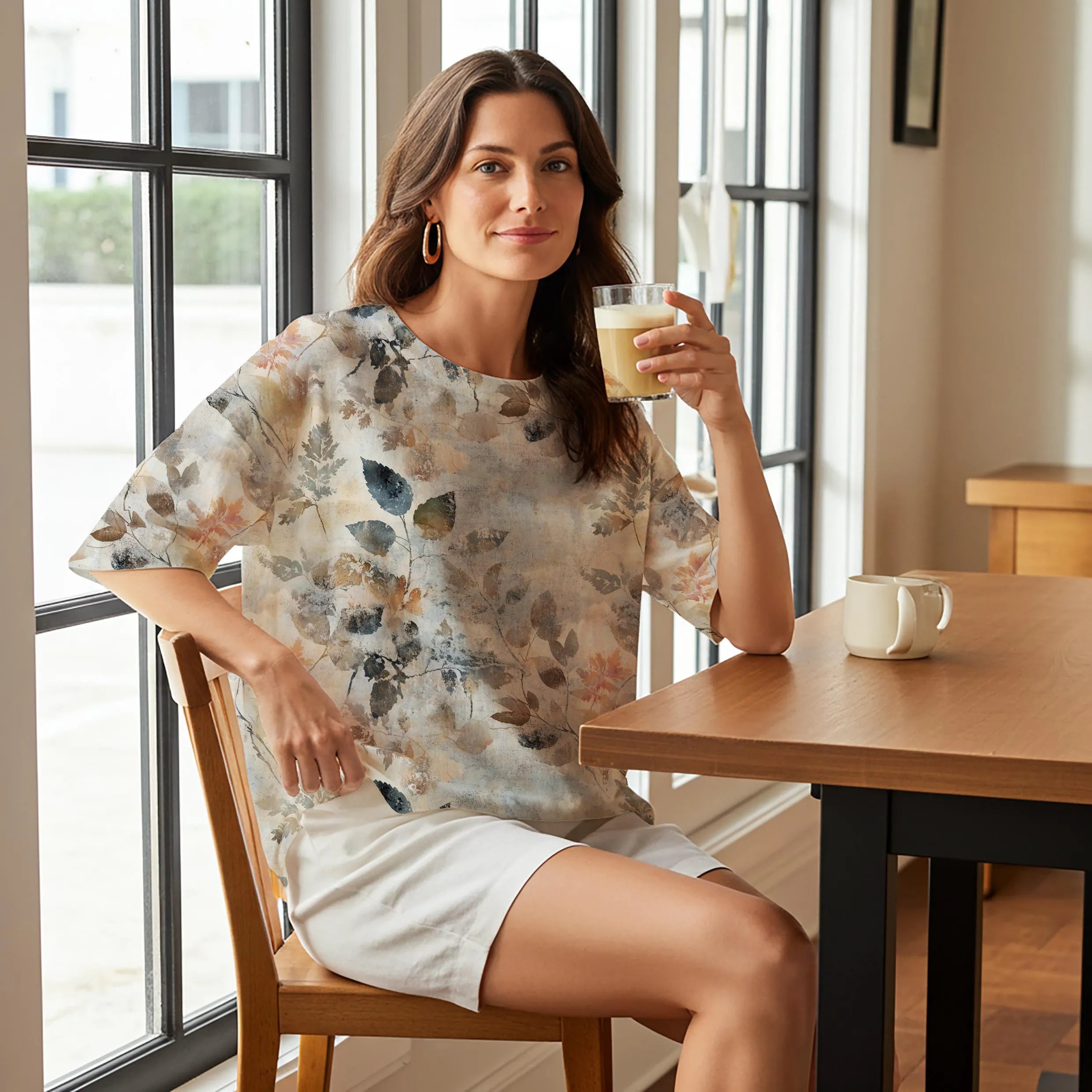 Women Casual Blouse 3/4 Sleeve Round Neck 95% Tencel, 5% Linen Brown Aloha Autumn Hues