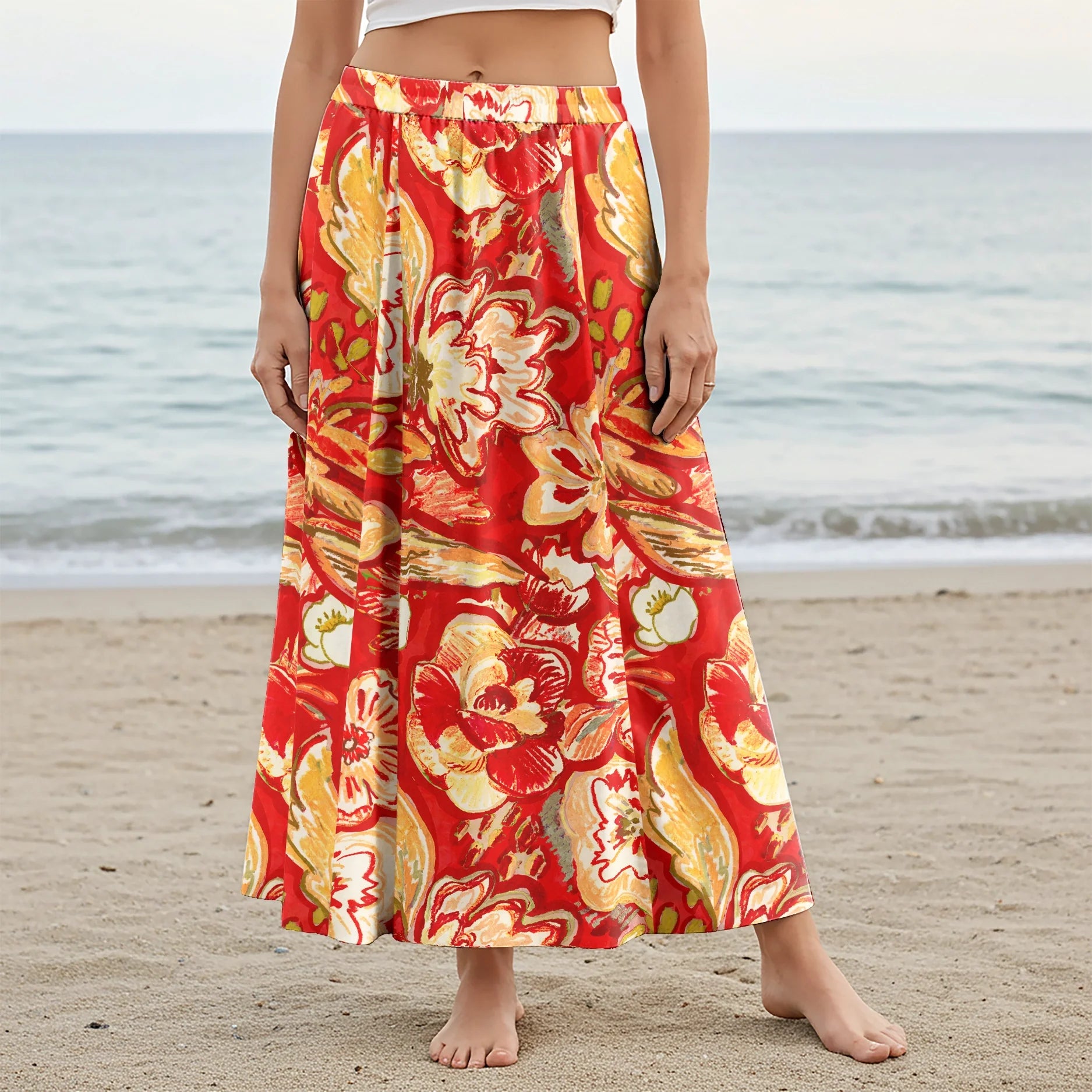 Women Casual Maxi Skirt Long Elastic Waist with Pockets 100% Cotton Orange Aloha Fiery Hand-painted Florals