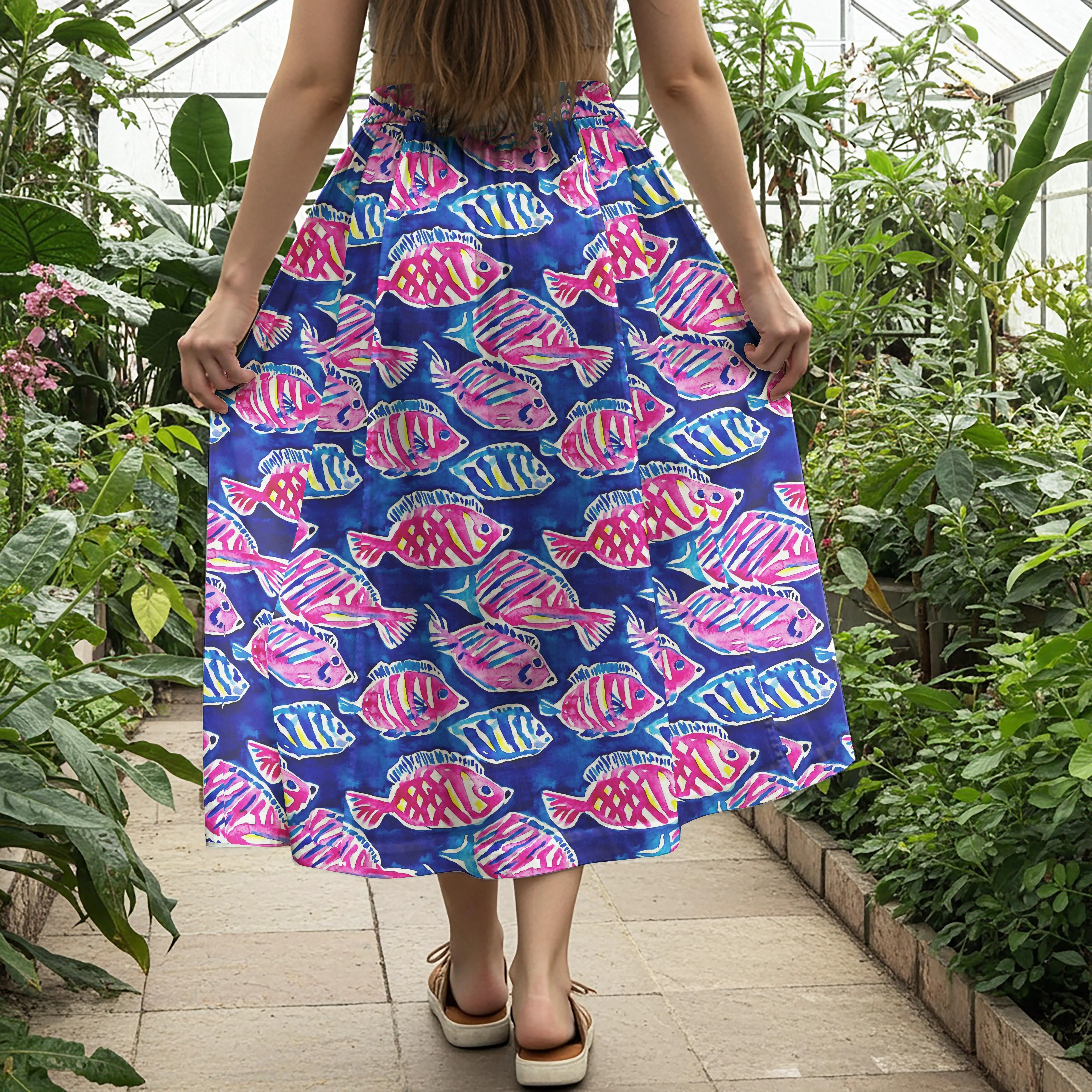 Women Casual Maxi Skirt Long Elastic Waist with Pockets 100% Cotton Blue Aloha Ocean Vitality