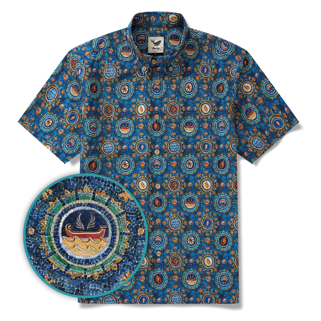 Men's Hawaiian Shirt Short Sleeve Button-down 100% Cotton Blue Aloha Shell Mosaic
