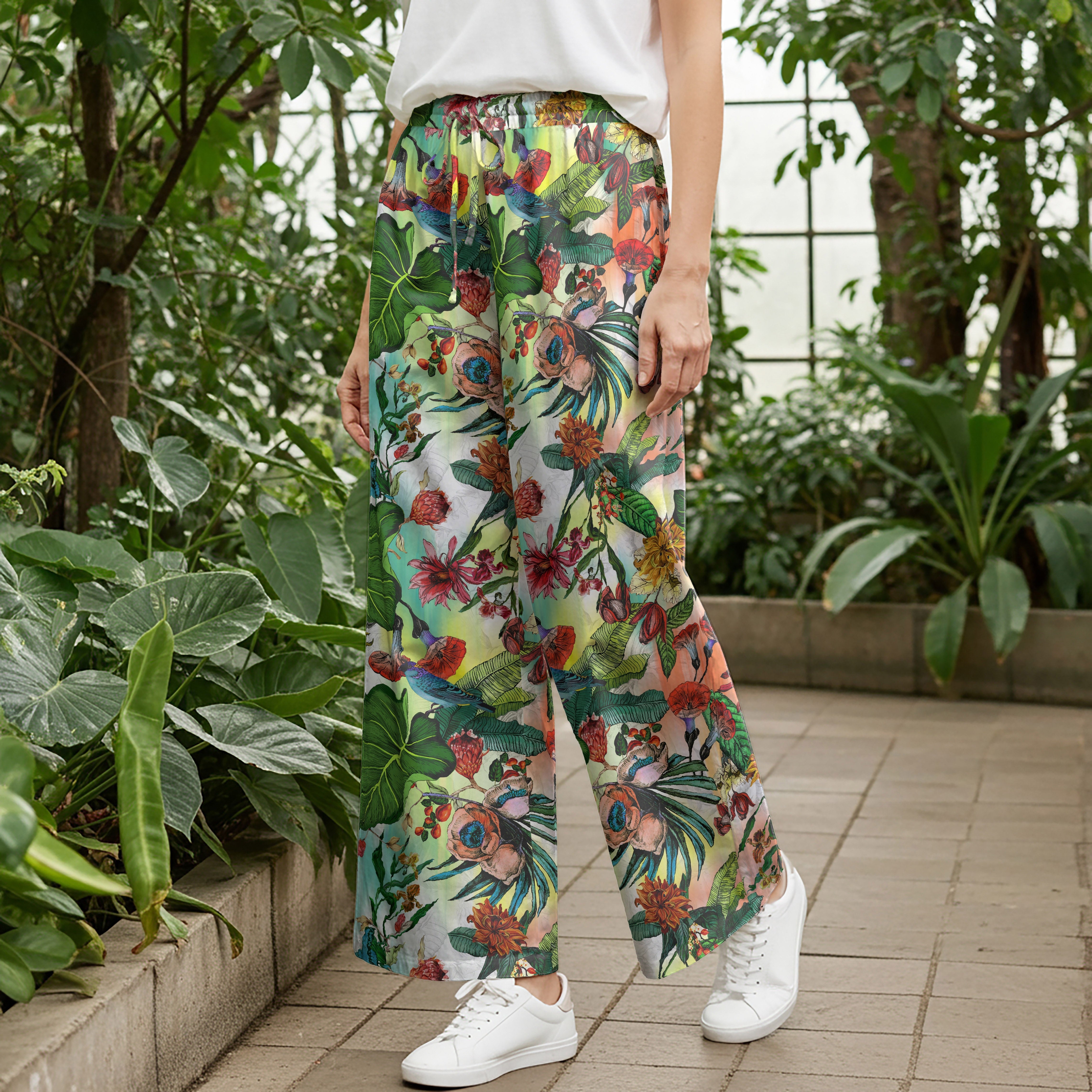 Women Casual Pants Lounge Elastic Waist Drawstring with Pockets 93% Tencel, 7% Linen Green Aloha Tropical Floral Fantasy