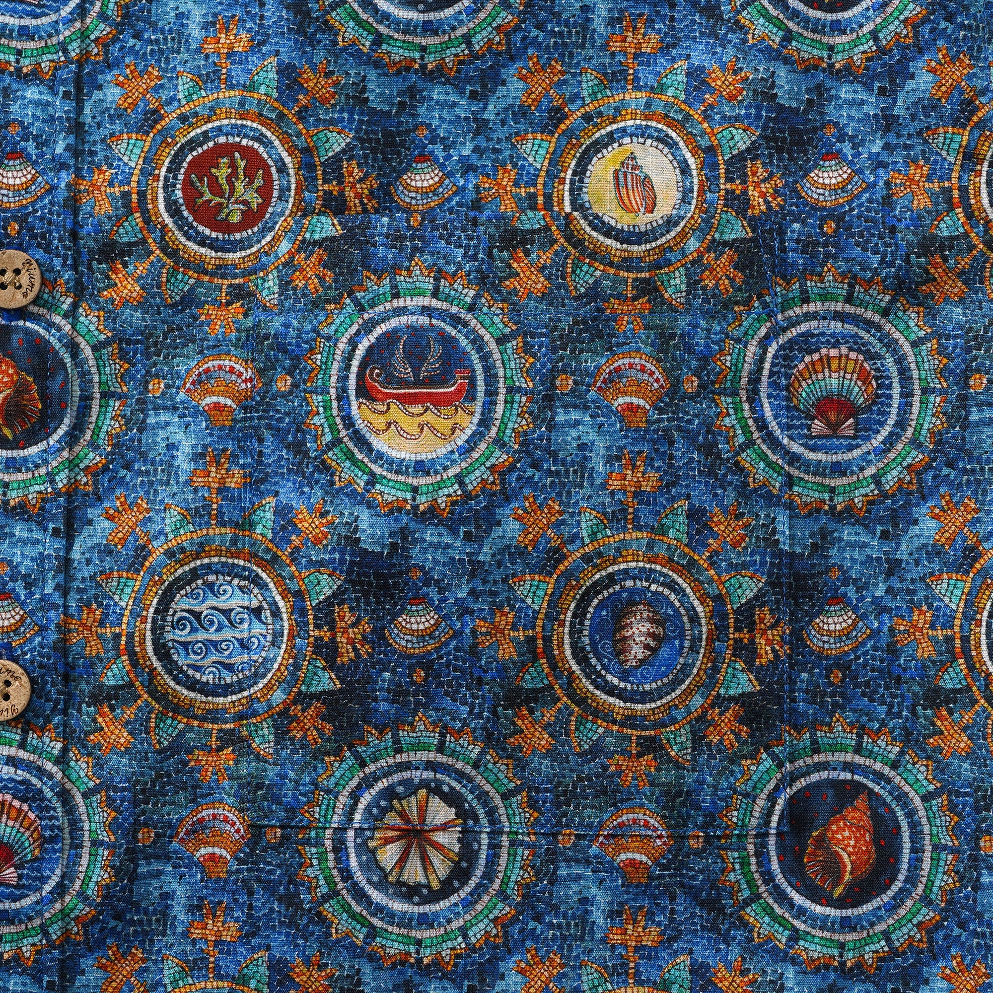 Men's Hawaiian Shirt Short Sleeve Button-down 100% Cotton Blue Aloha Shell Mosaic