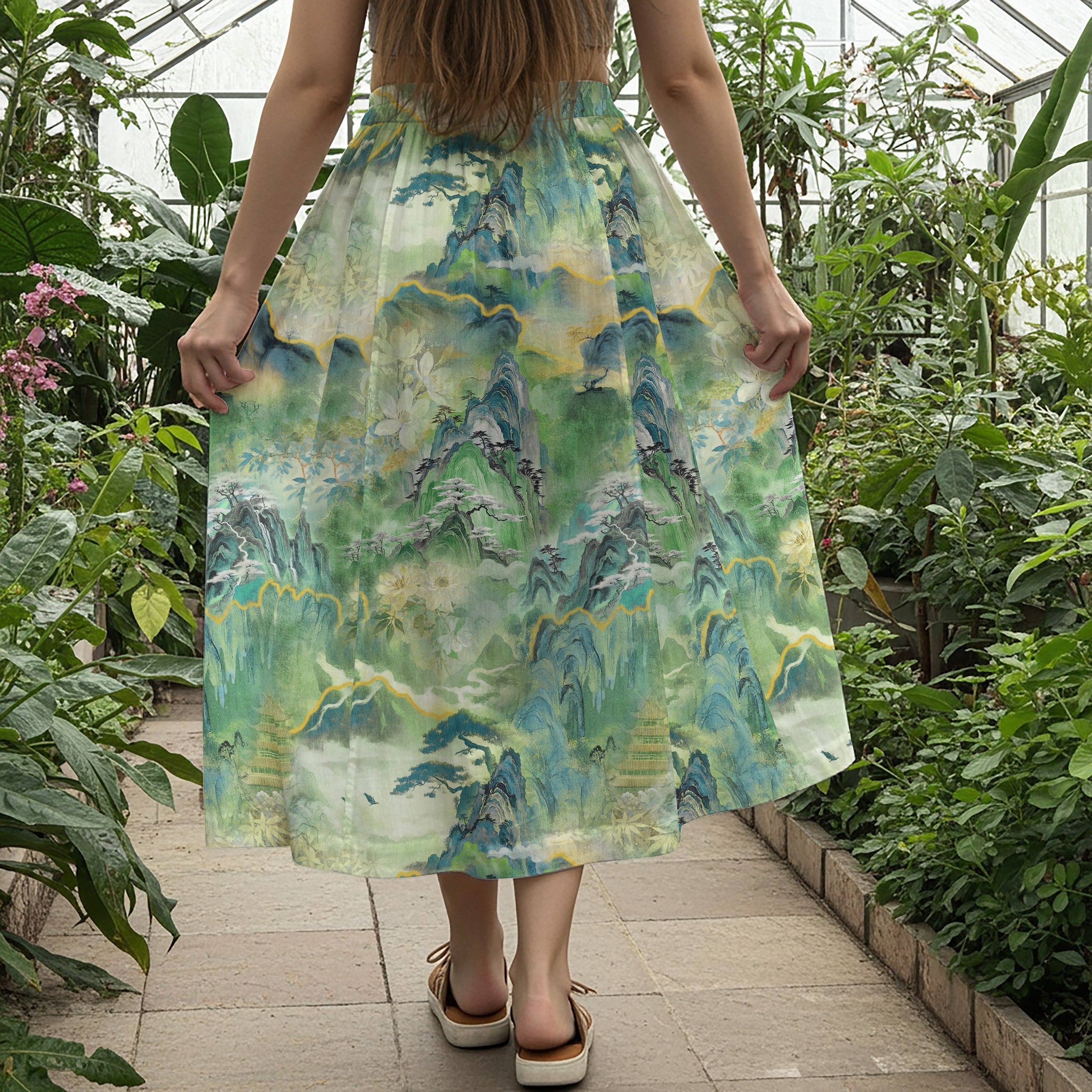 Women Casual Maxi Skirt Long Elastic Waist with Pockets 100% Cotton Green Aloha Emerald Enchanted Mountain Realm