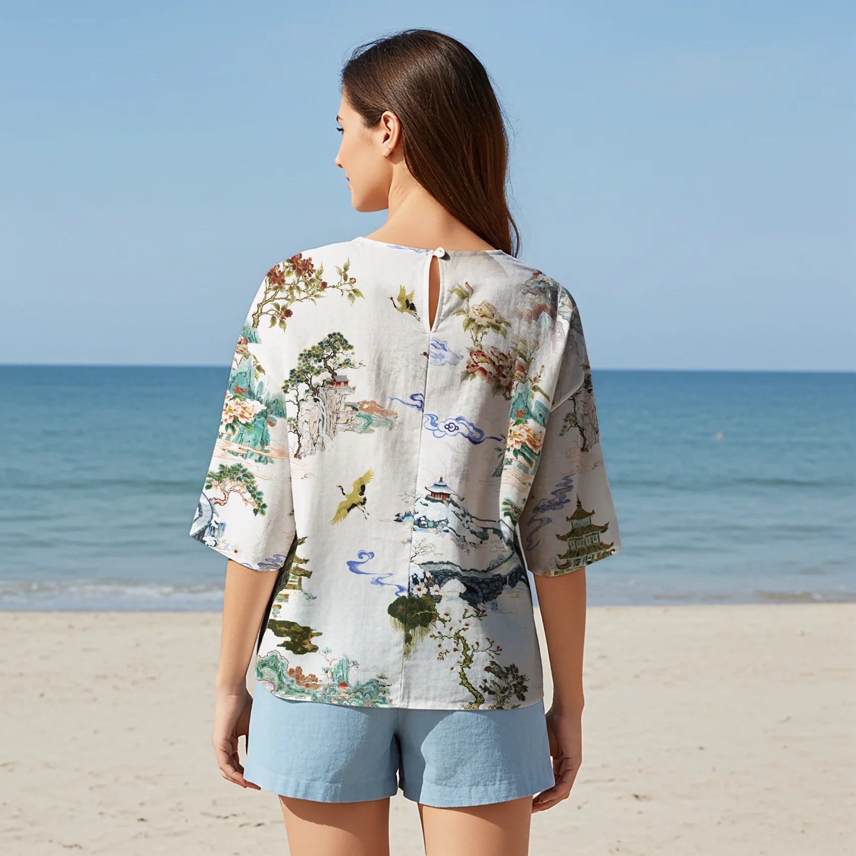 Women Casual Blouse Elbow Sleeve Round Neck Button-Back 95% Tencel, 5% Linen White Aloha Eastern Enchantment