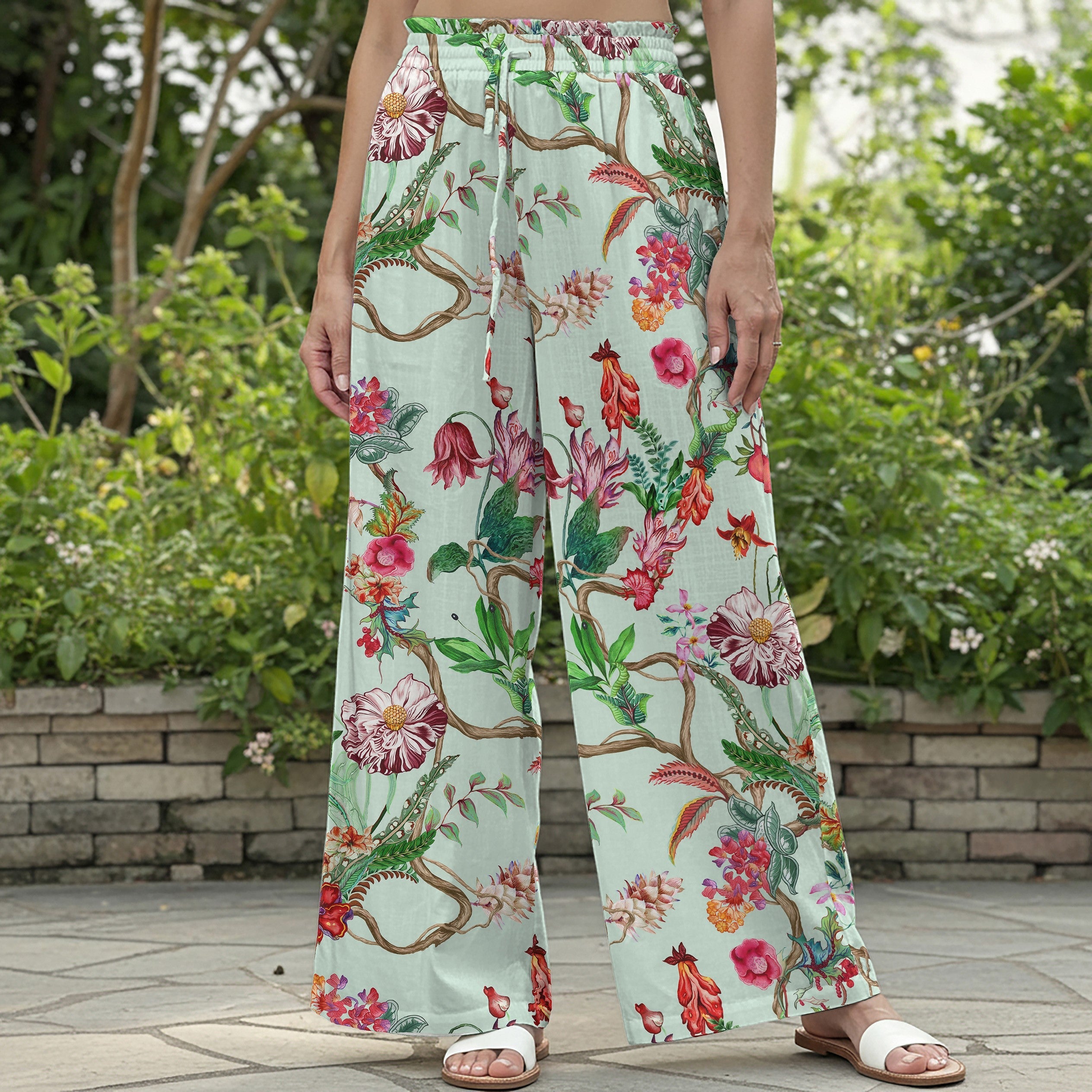 Women Casual Pants Lounge Elastic Waist Drawstring with Pockets 100% Cotton Green Aloha Spring Blossoms In Full Bloom