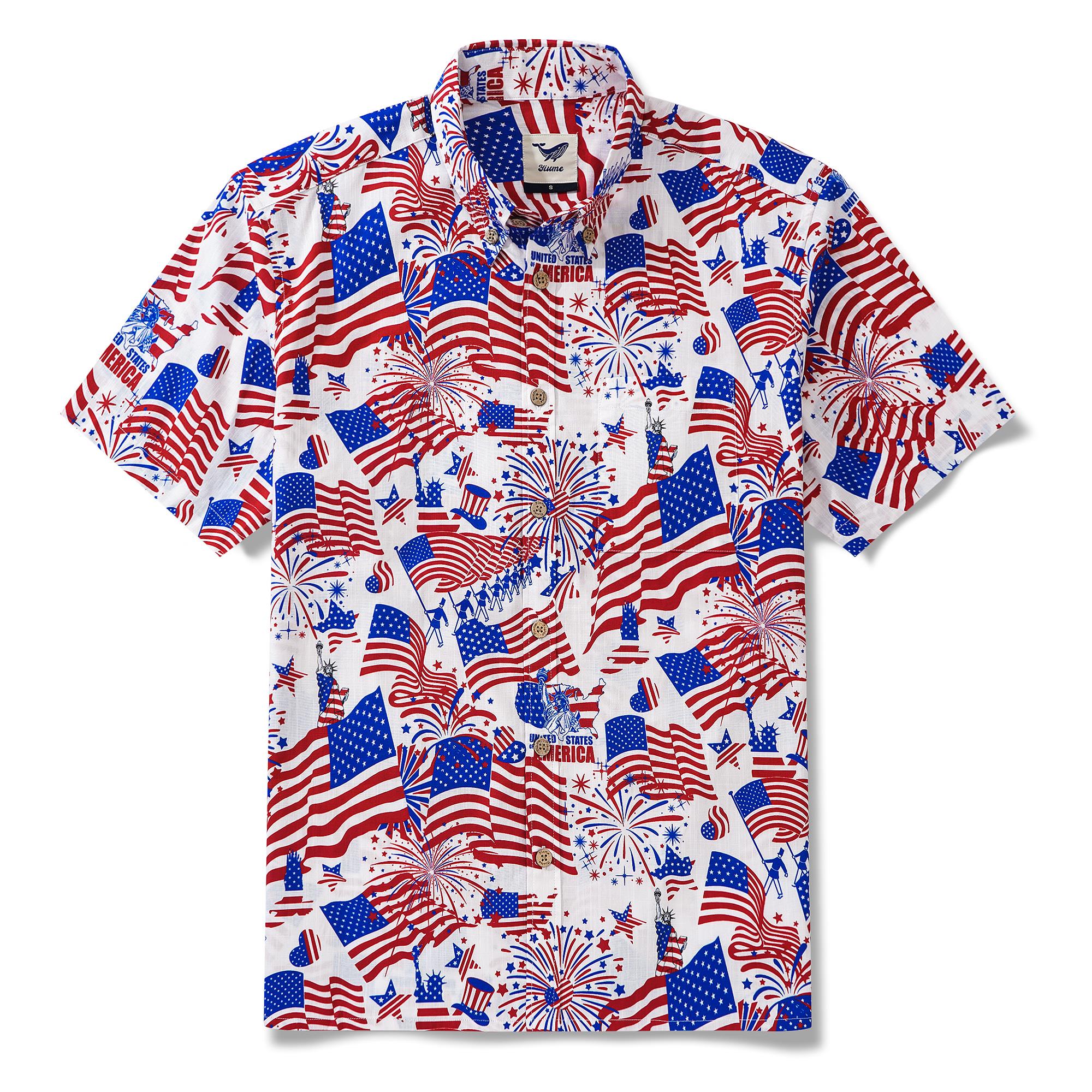Men's Hawaiian Shirt Short Sleeve Button-down 100% Cotton Blue Aloha American Celebration