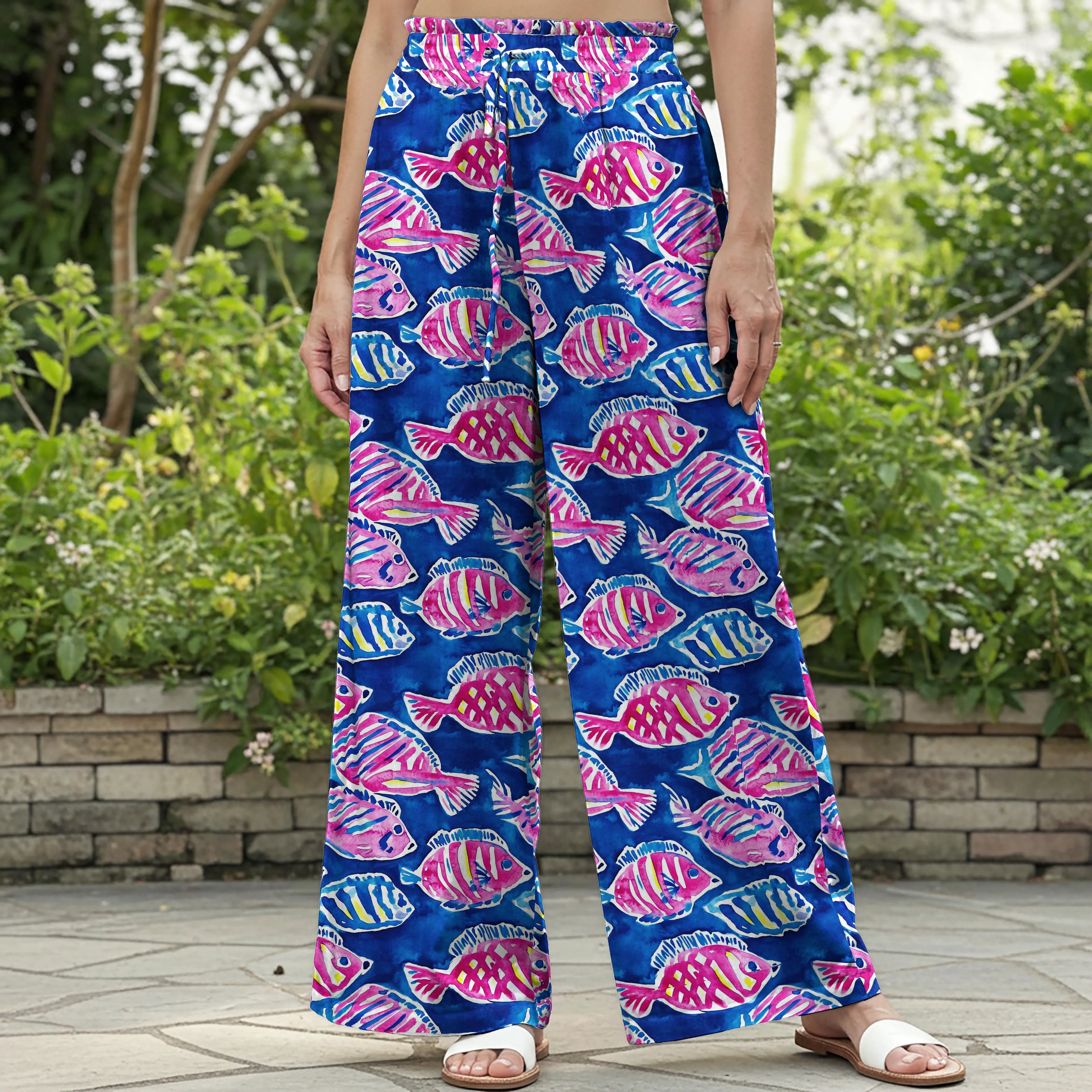 Women Casual Pants Lounge Elastic Waist Drawstring with Pockets 100% Cotton Blue Aloha Ocean Vitality