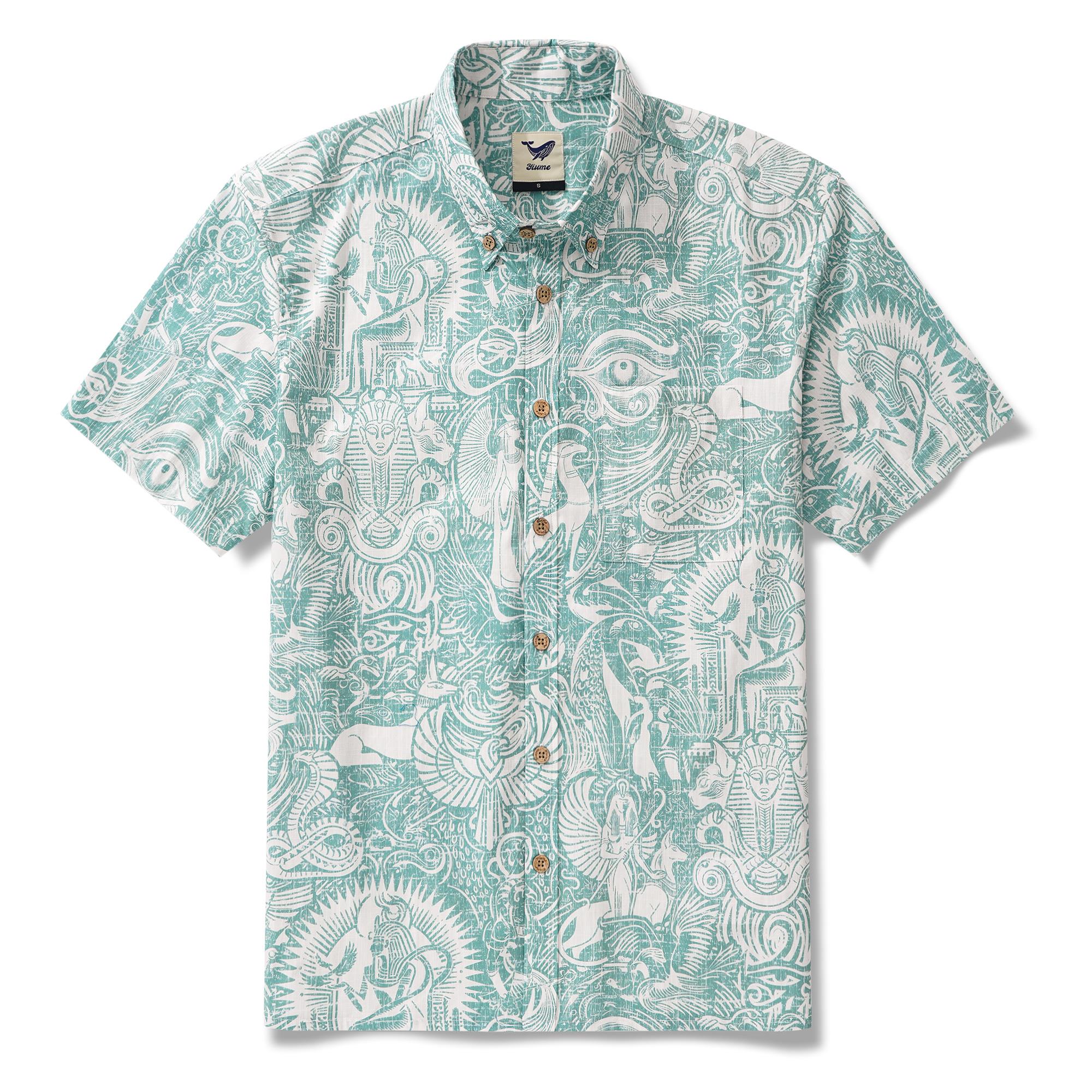 Men's Hawaiian Shirt Short Sleeve Button-down 100% Cotton Green Aloha Egyptian Myths