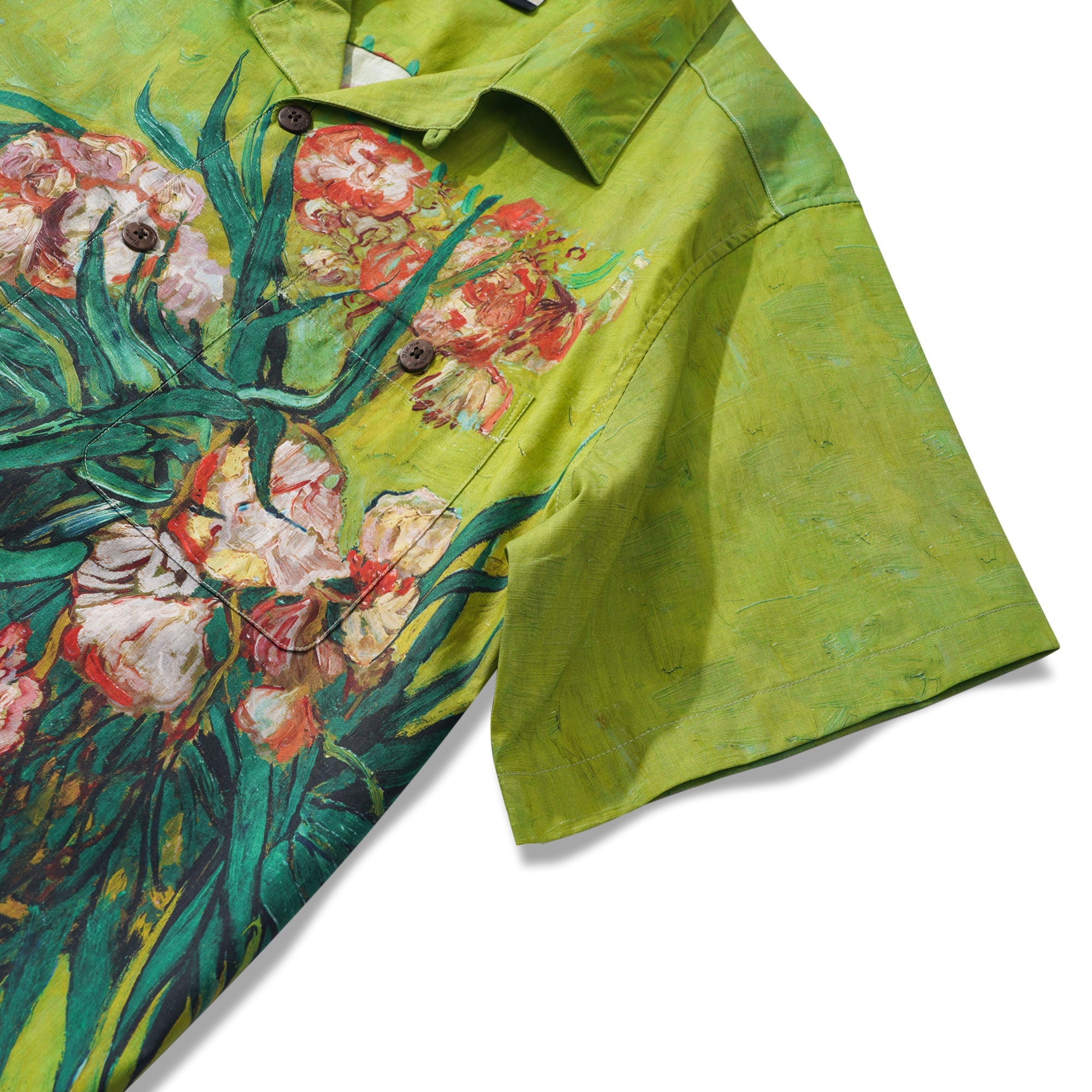 Men's Hawaiian Shirt Short Sleeve Camp Collar 100% Cotton Green Aloha Van Gogh Blossoms
