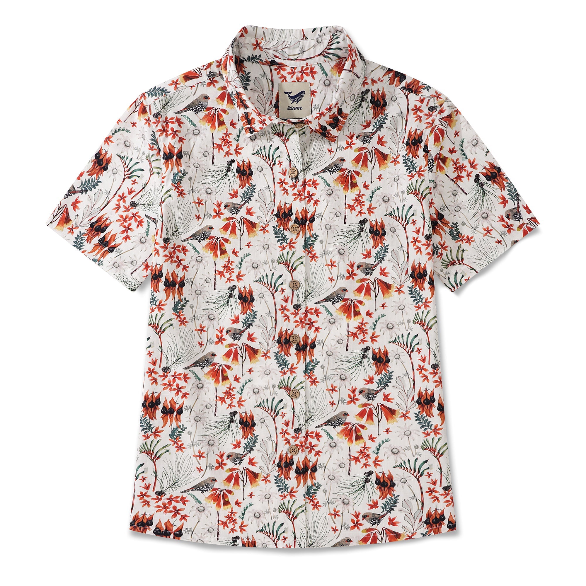 Women's Hawaiian Shirt Short Sleeve Button-up 100% Cotton Green Aloha Firetail Finches By Eloise