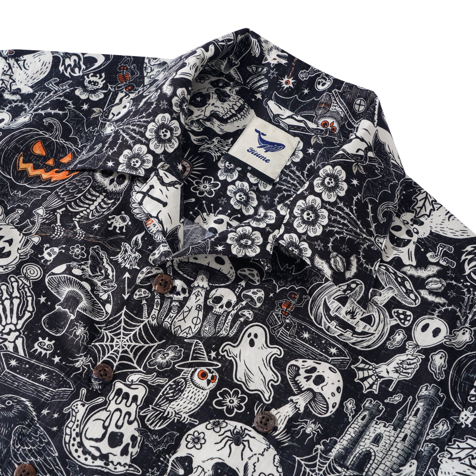 Men's Hawaiian Shirt Short Sleeve Camp Collar 100% Cotton Black Aloha Halloween Bash