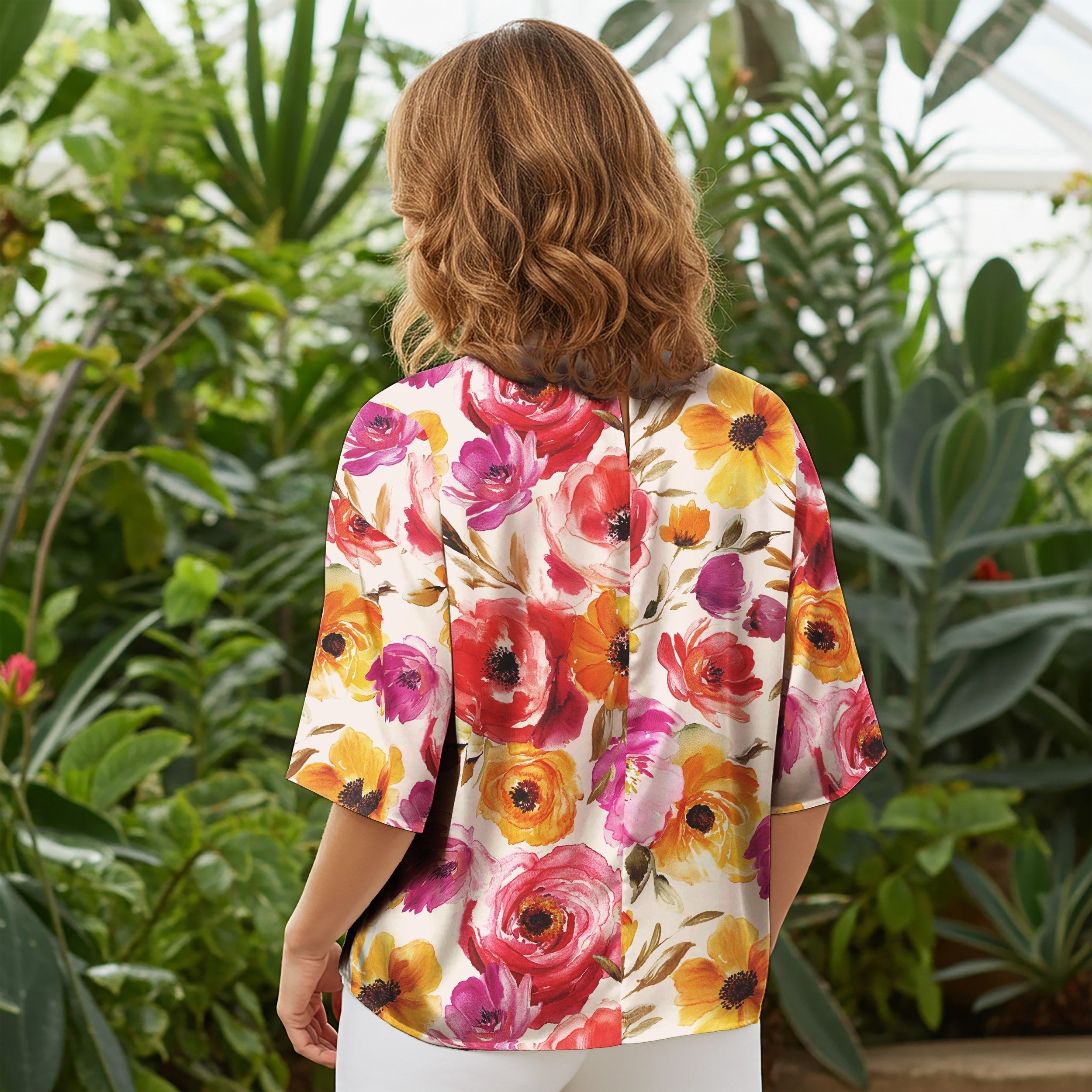 Women Casual Blouse Elbow Sleeve Round Neck Button-Back 100% Tencel Aloha Blossoming Charm In Full Bloom
