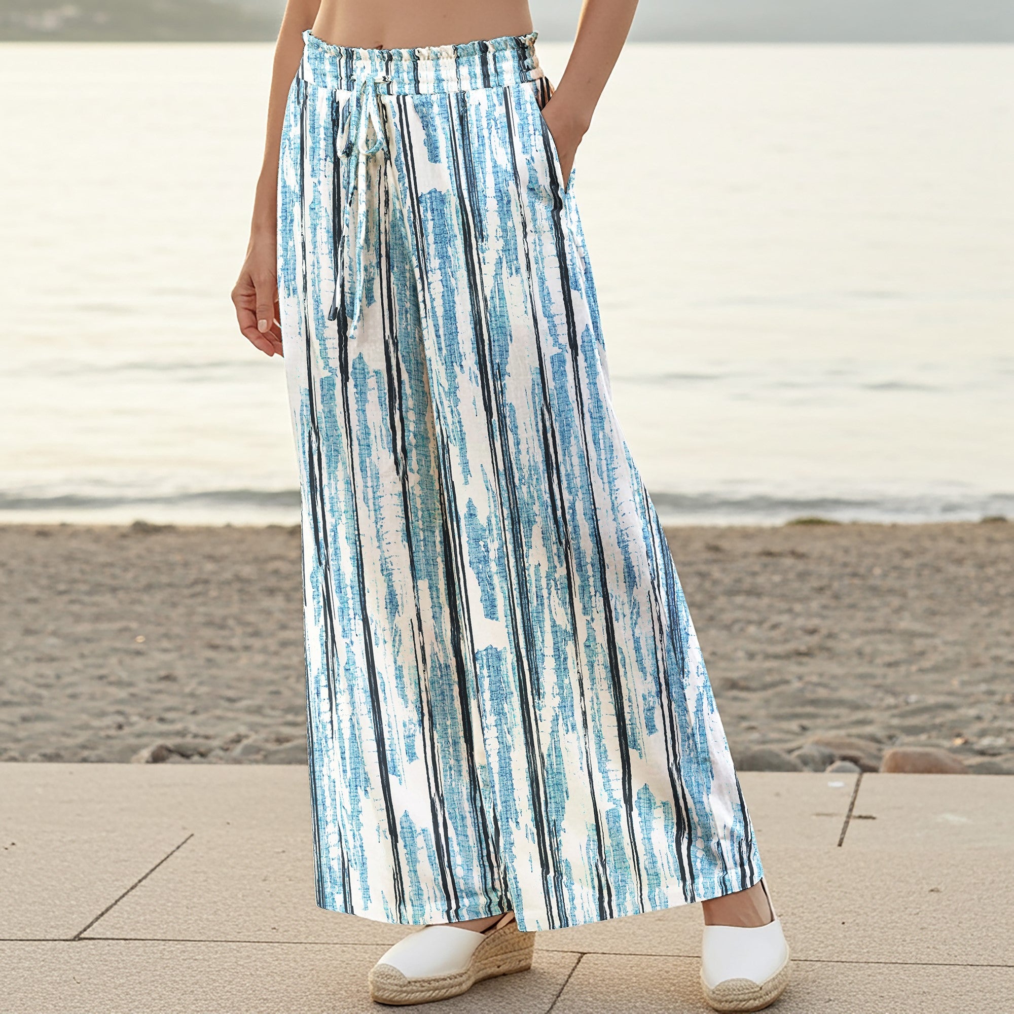 Women Casual Pants Lounge Elastic Waist Drawstring with Pockets 100% Cotton Blue Aloha Minimalist Blue Veins