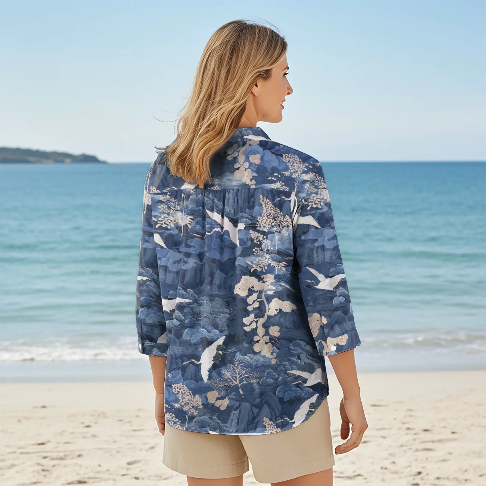 Women Casual Blouse 3/4 Sleeve V-neck Shirt Collar 100% Tencel Blue Aloha Oriental Crane Landscape
