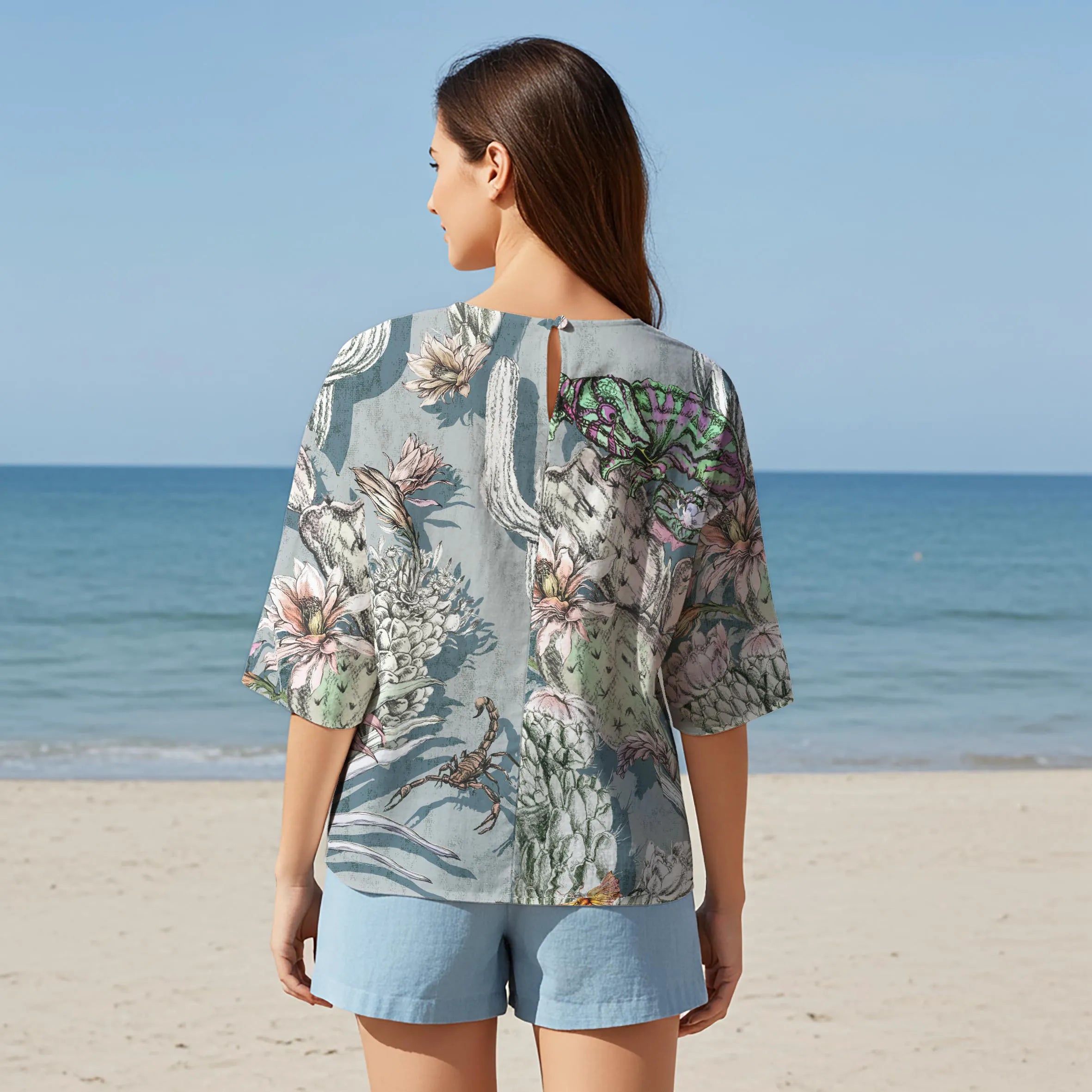 Women Casual Blouse Elbow Sleeve Round Neck Button-Back 95% Tencel, 5% Linen Gray Aloha Chameleon's Desert Sanctuary