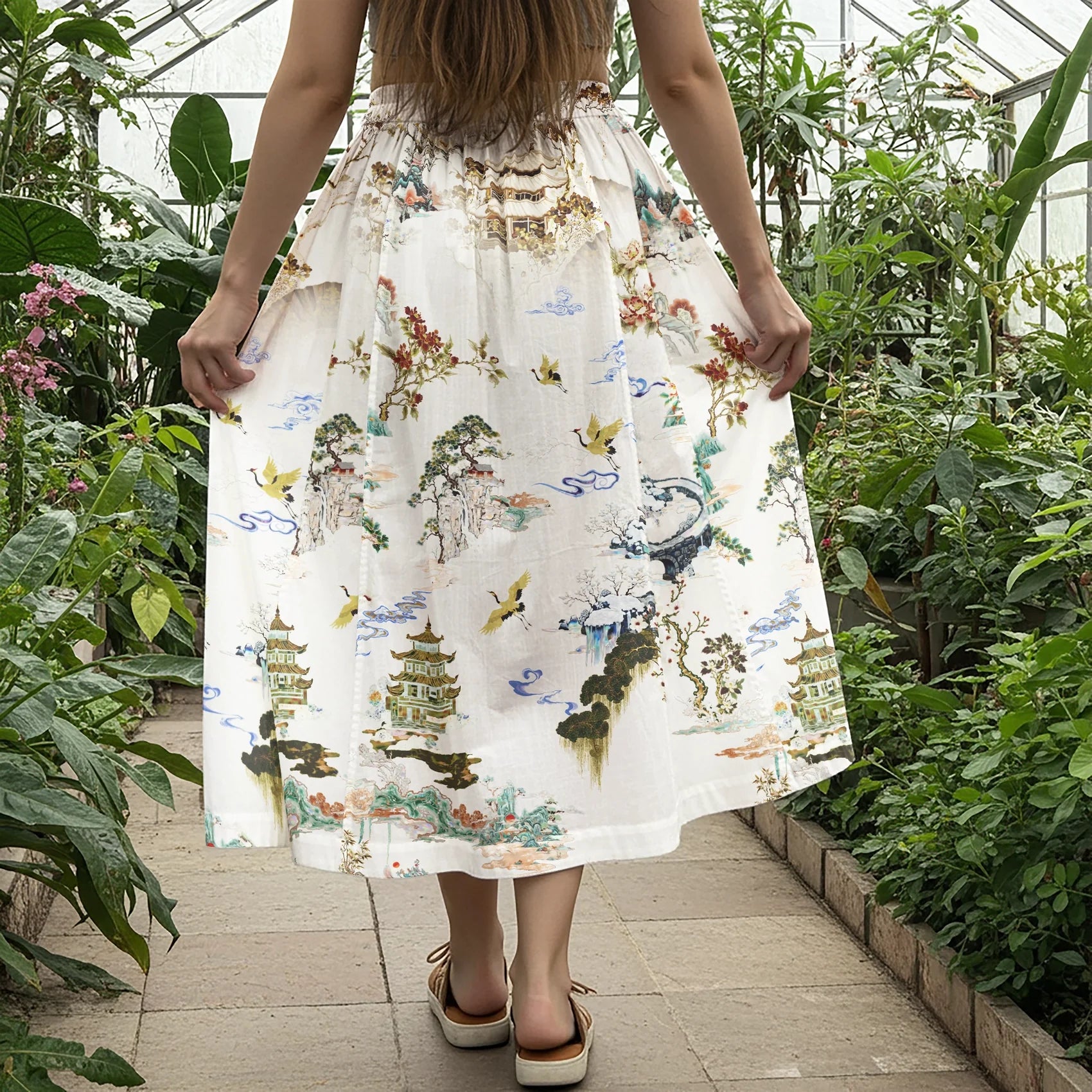 Women Casual Maxi Skirt Long Elastic Waist with Pockets 100% Cotton White Aloha Eastern Enchantment