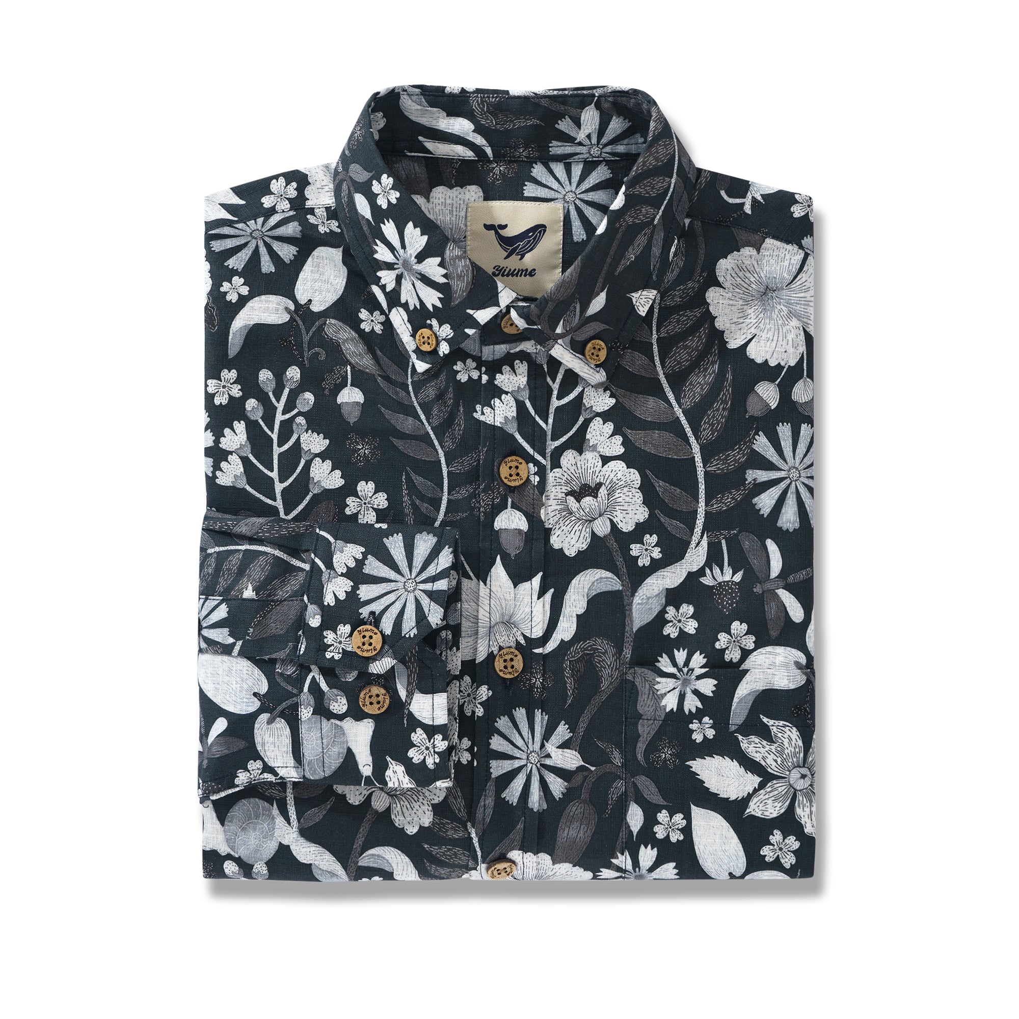 Grassy Field Through a Black and White Filter 100% Cotton Men's Aloha Hawaiian Long Sleeve Button-down Shirt