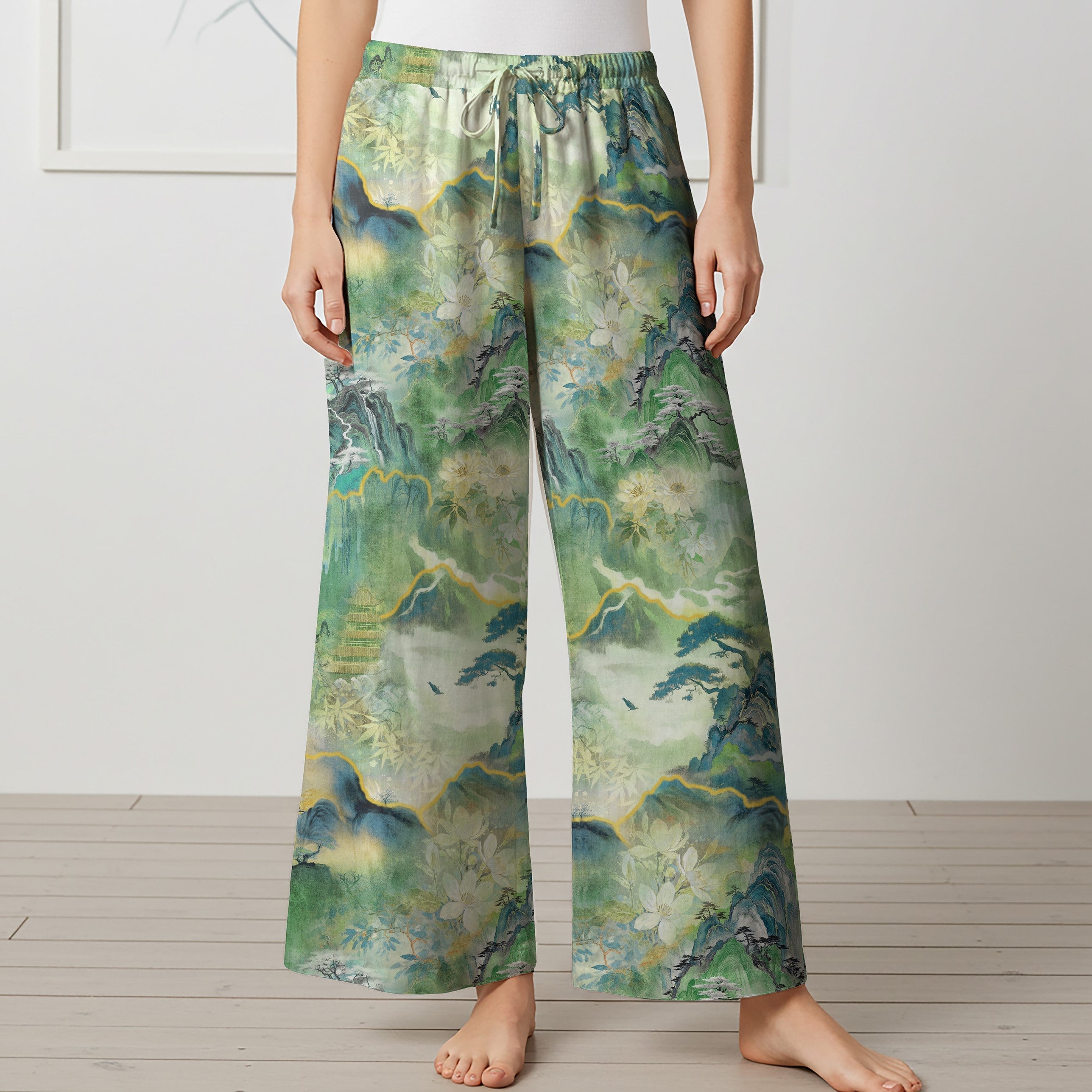 Women Casual Pants Lounge Elastic Waist Drawstring with Pockets 93% Tencel, 7% Linen Green Aloha Emerald Enchanted Mountain Realm