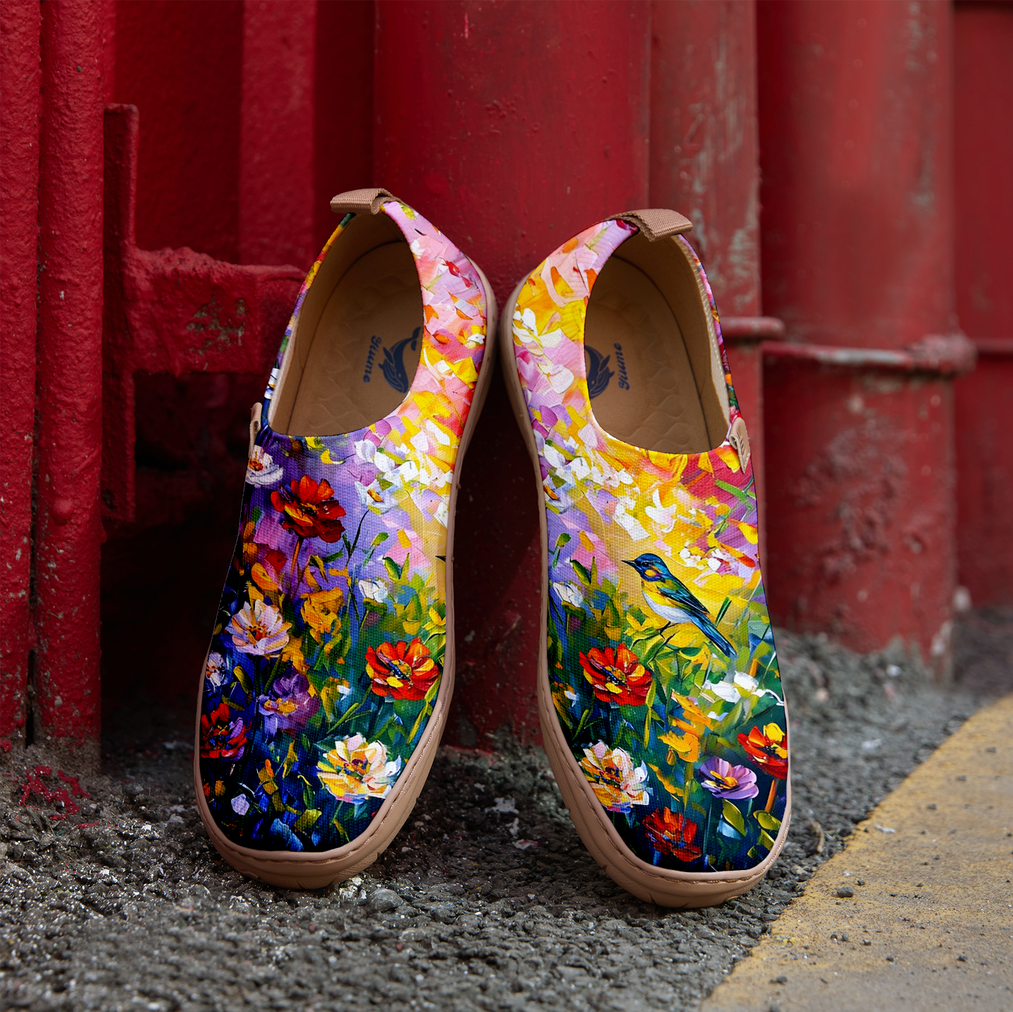Oil Painting Birds And Flowers Blue Women's Shoes