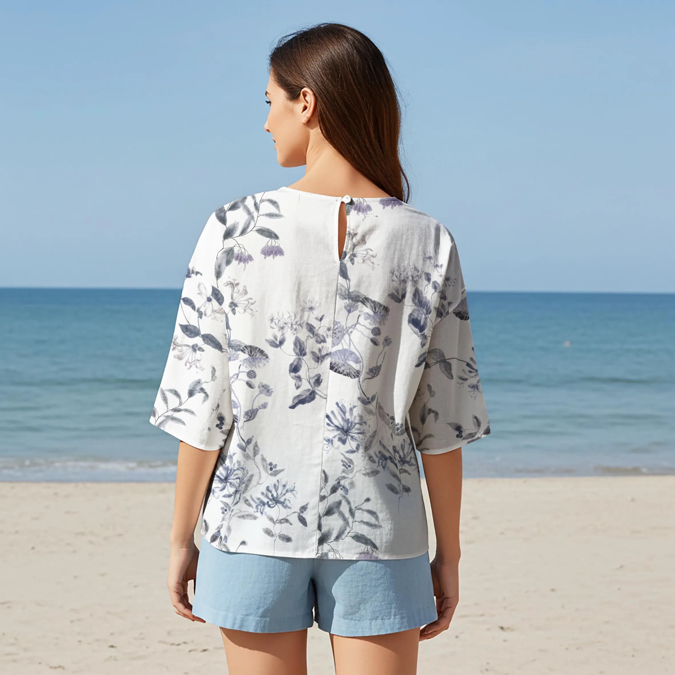 Women Casual Blouse Elbow Sleeve Round Neck Button-Back 95% Tencel, 5% Linen Gray Aloha Floral Harmony Portrait