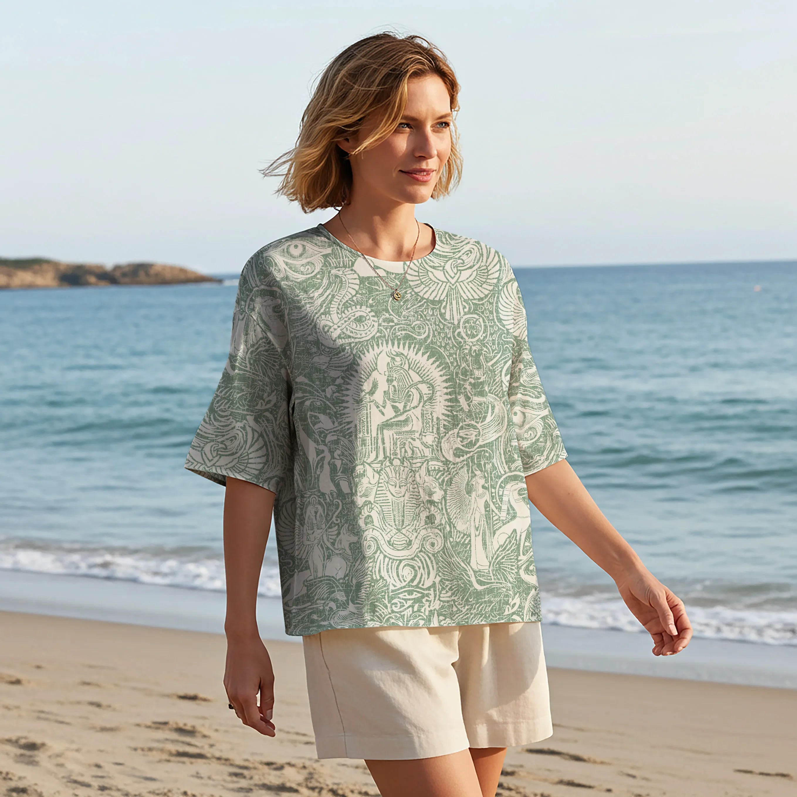 Women Casual Blouse Elbow Sleeve Crew Neck Button-Back 95% Lyocell, 5% Linen Green Aloha Egyptian Myths