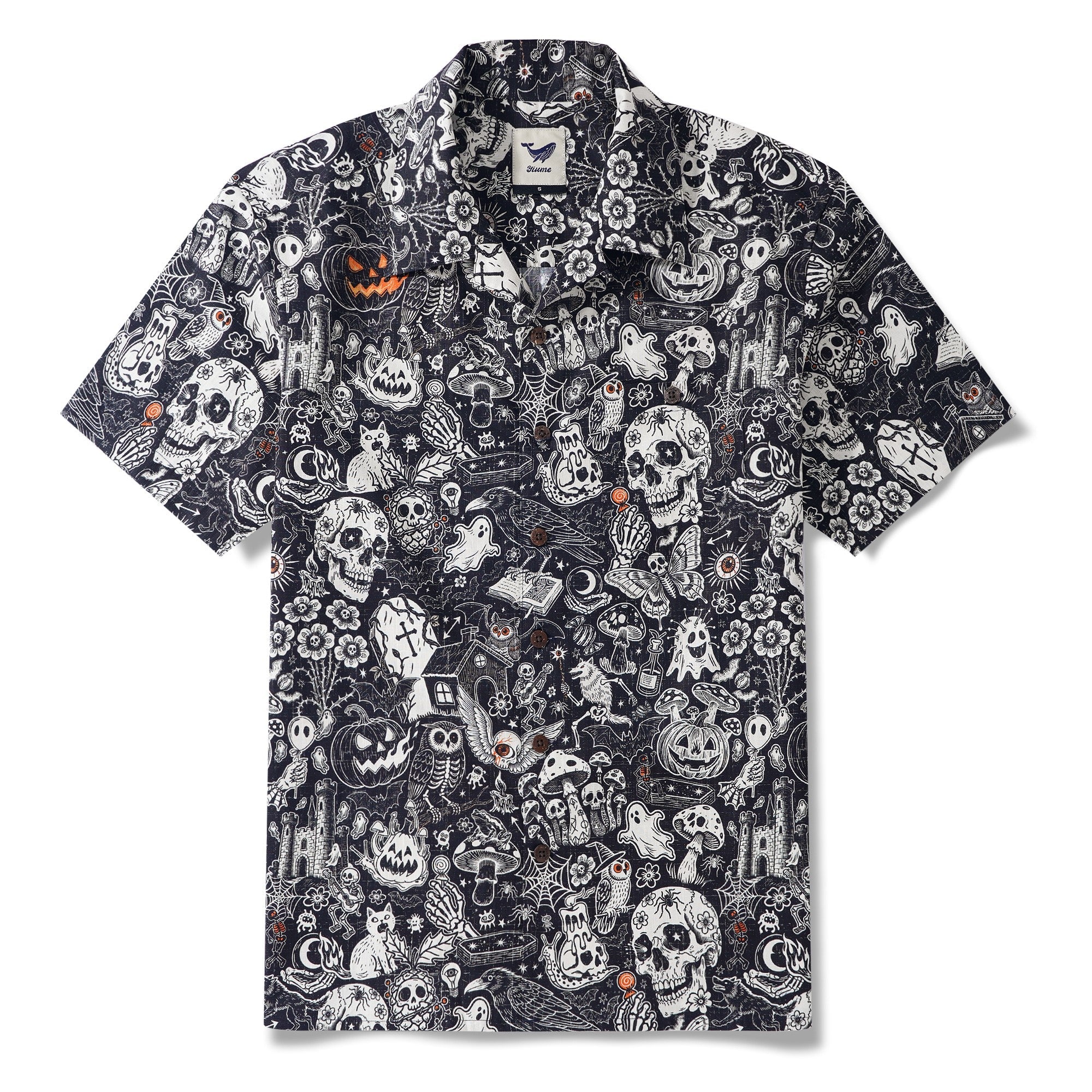 Men's Hawaiian Shirt Short Sleeve Camp Collar 100% Cotton Black Aloha Halloween Bash