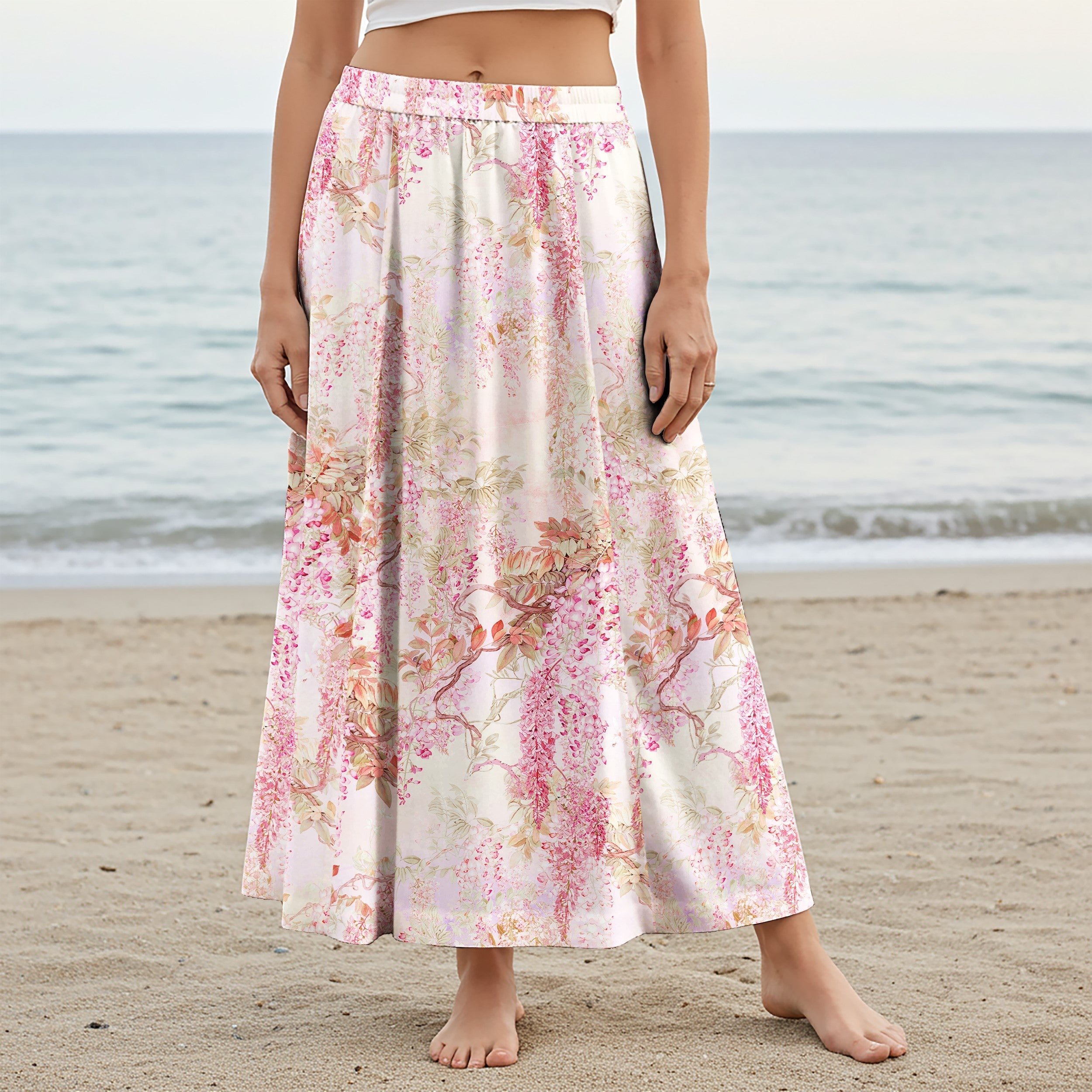 Women Casual Maxi Skirt Long Elastic Waist 100% Cotton Aloha Romantic Pink Vine