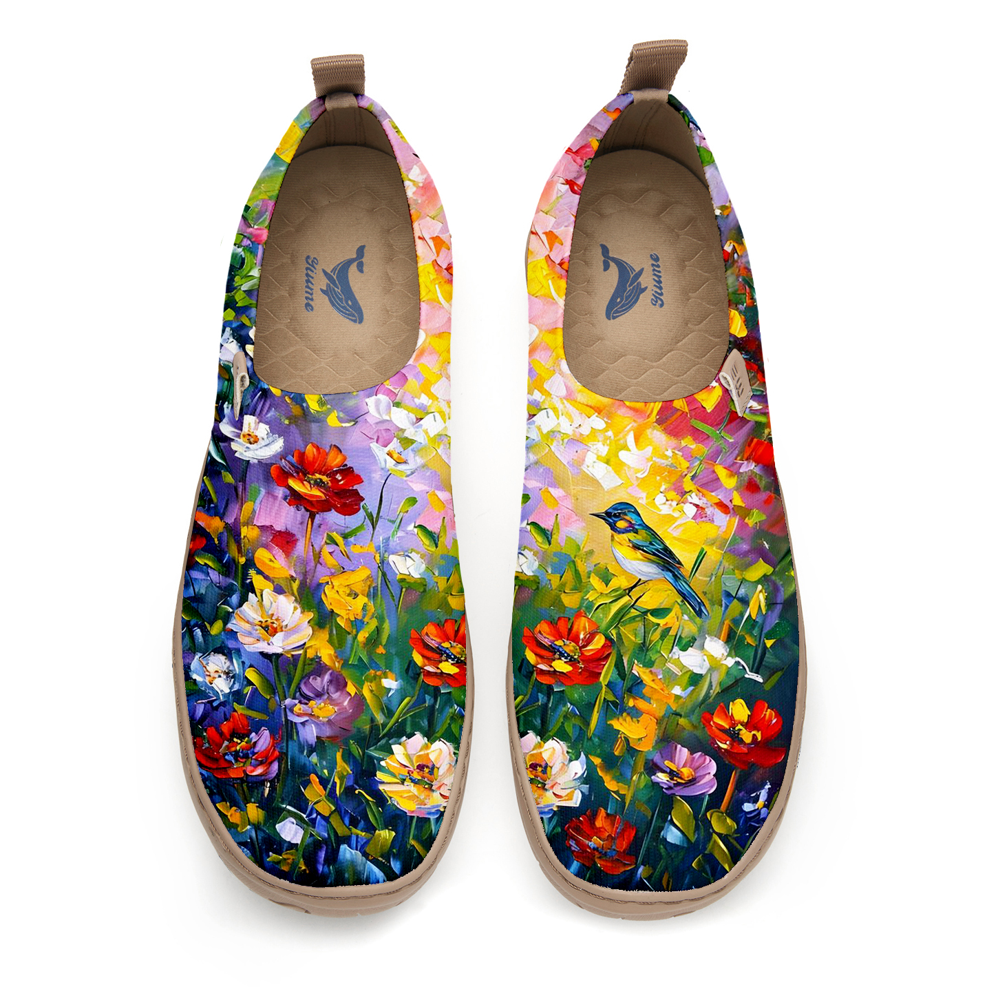 Oil Painting Birds And Flowers Blue Women's Shoes
