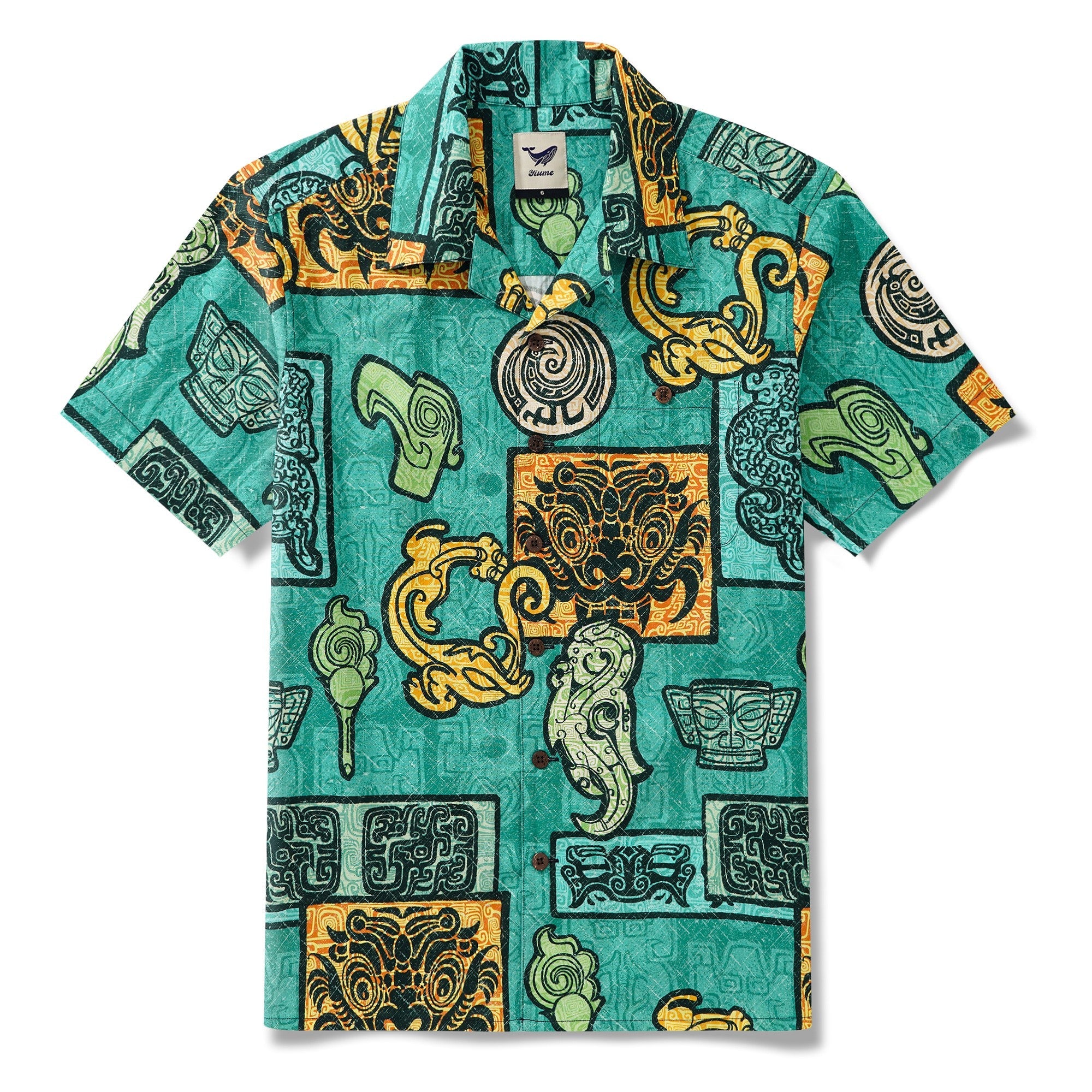 Men's Hawaiian Shirt Short Sleeve Camp Collar 100% Cotton Green Aloha Sanxingdui Sacred Hawaiian Shirt