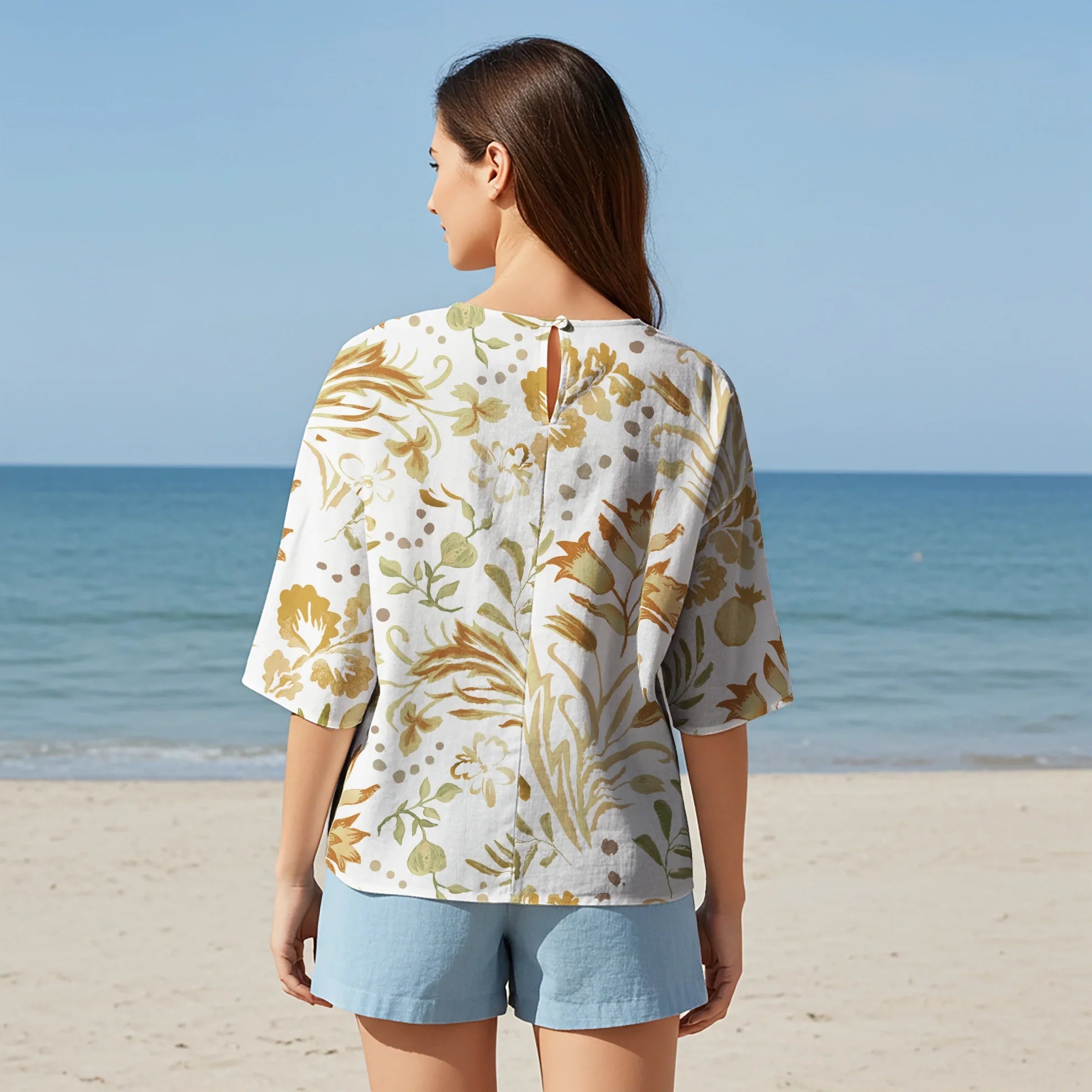 Women Casual Blouse Elbow Sleeve Crew Neck Button-Back 95% Lyocell, 5% Linen Yellow Aloha Vintage Gold Floral