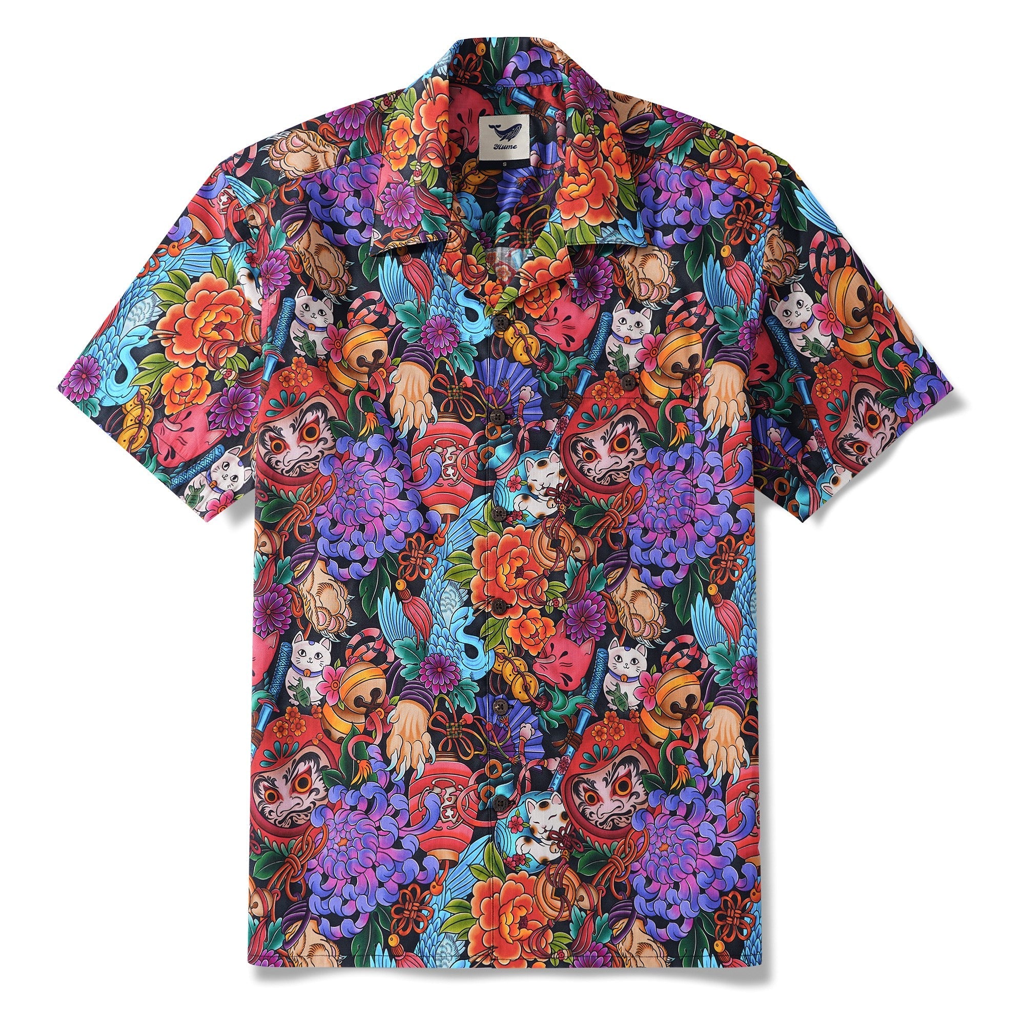 Men's Hawaiian Shirt Short Sleeve Camp Collar 100% Cotton Black Aloha Tokyo Whimsy By Geetanjali Behera, Gee