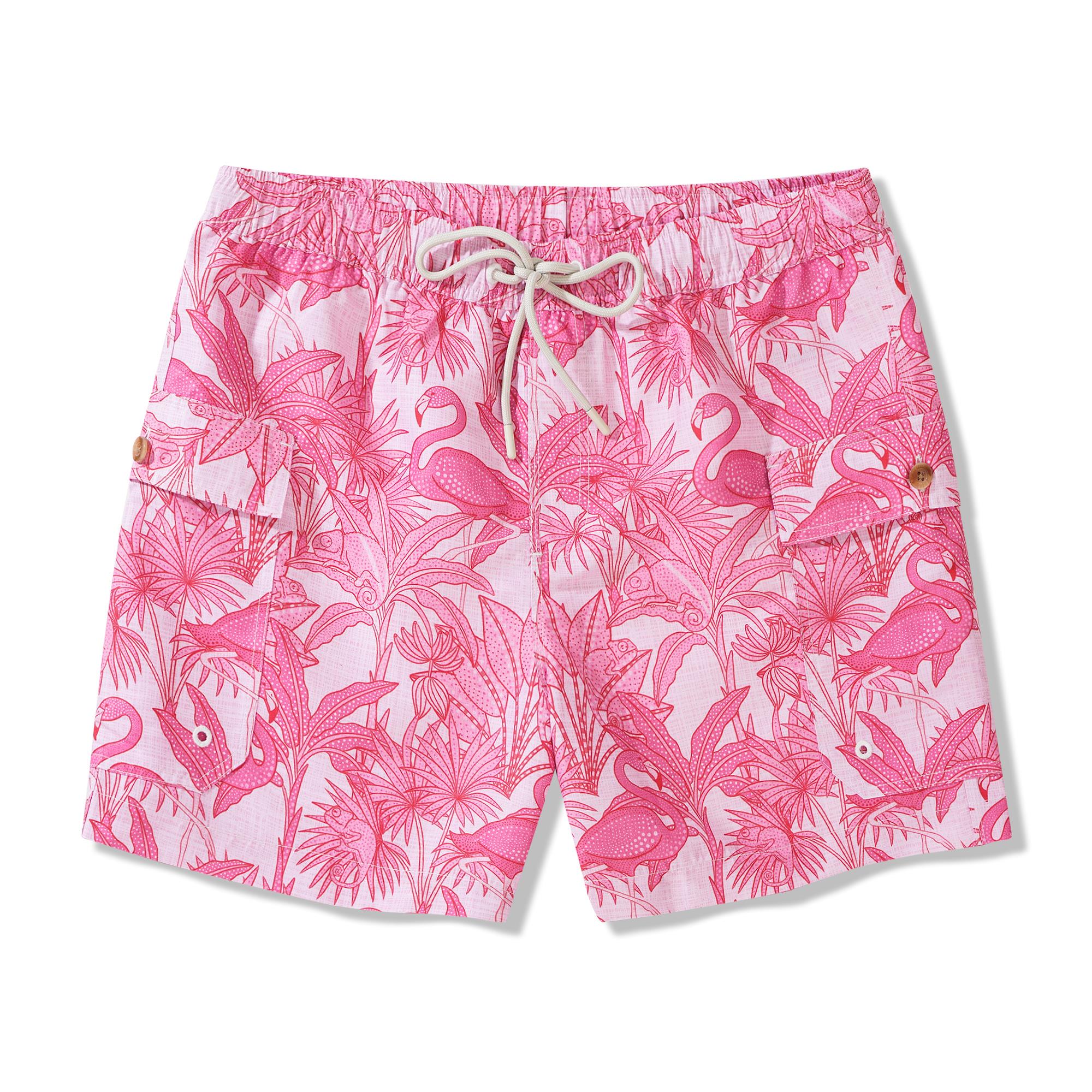 6-Inch Shorts For Men 100% Polyester Aloha Sicilian Lemon Flamingos & Chameleons By House of Haricot Casual Printed Shorts Swim Trunks