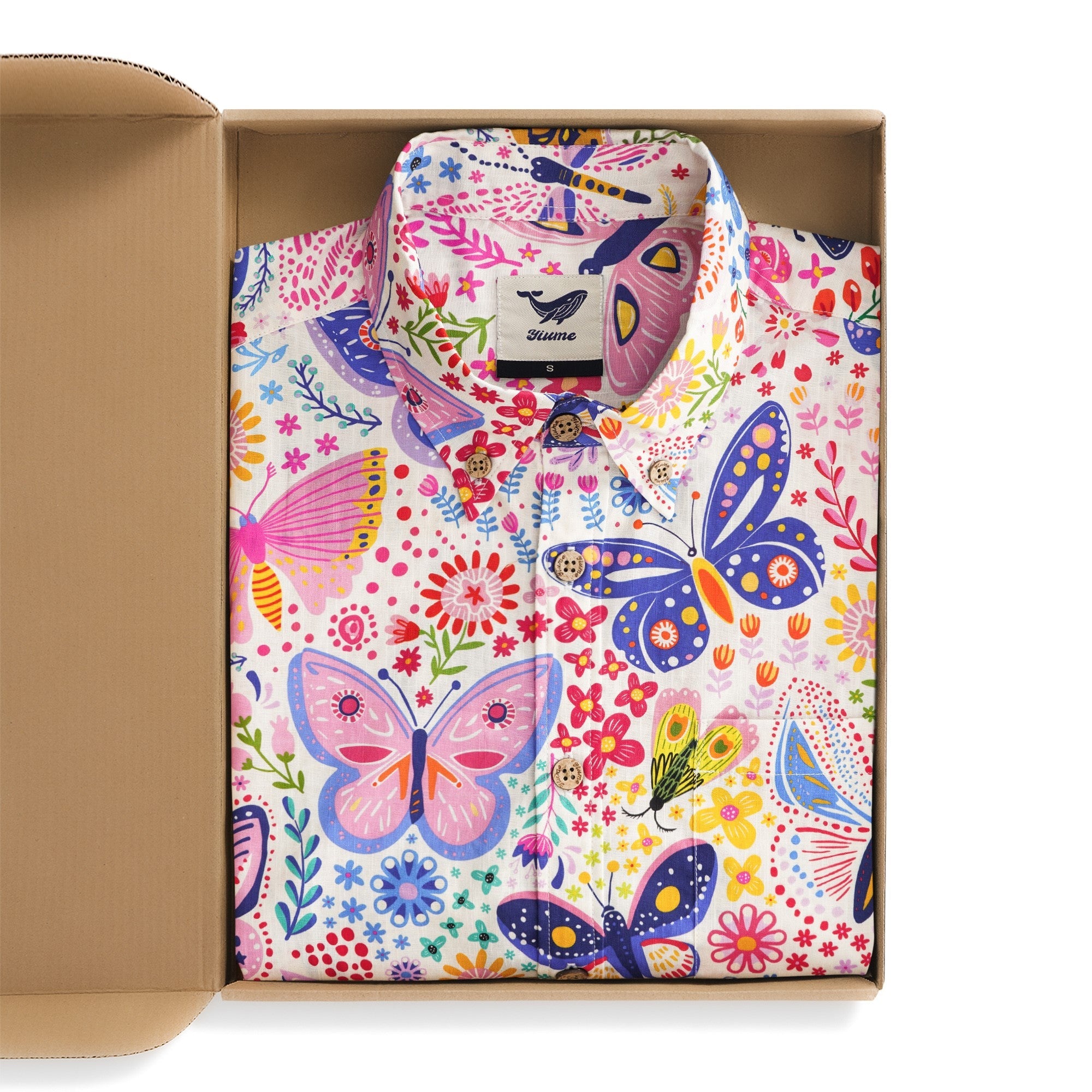 Men's Hawaiian Shirt Short Sleeve Button-down 100% Cotton Beige Aloha Butterfly Garden