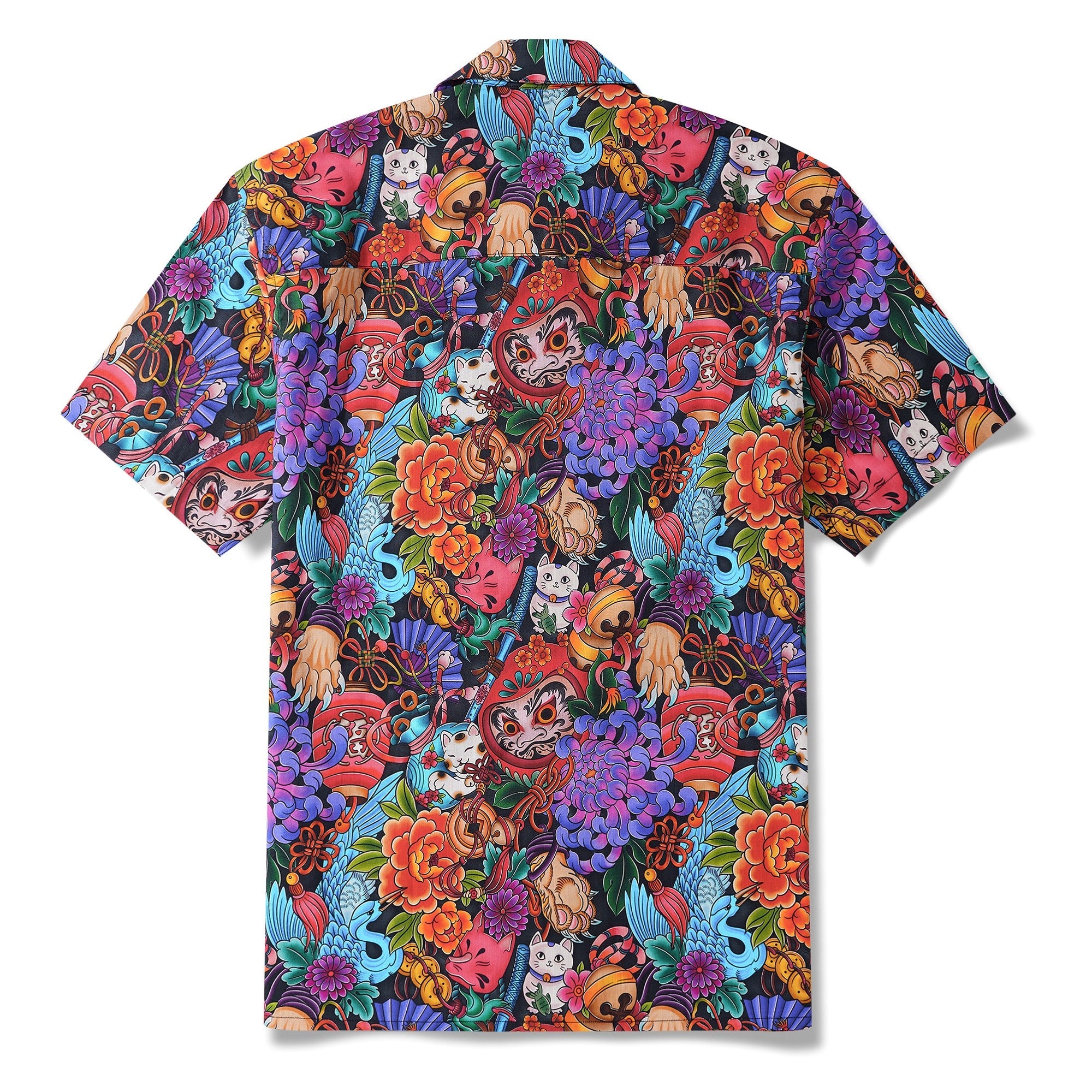 Men's Hawaiian Shirt Short Sleeve Camp Collar 100% Cotton Black Aloha Tokyo Whimsy By Geetanjali Behera, Gee