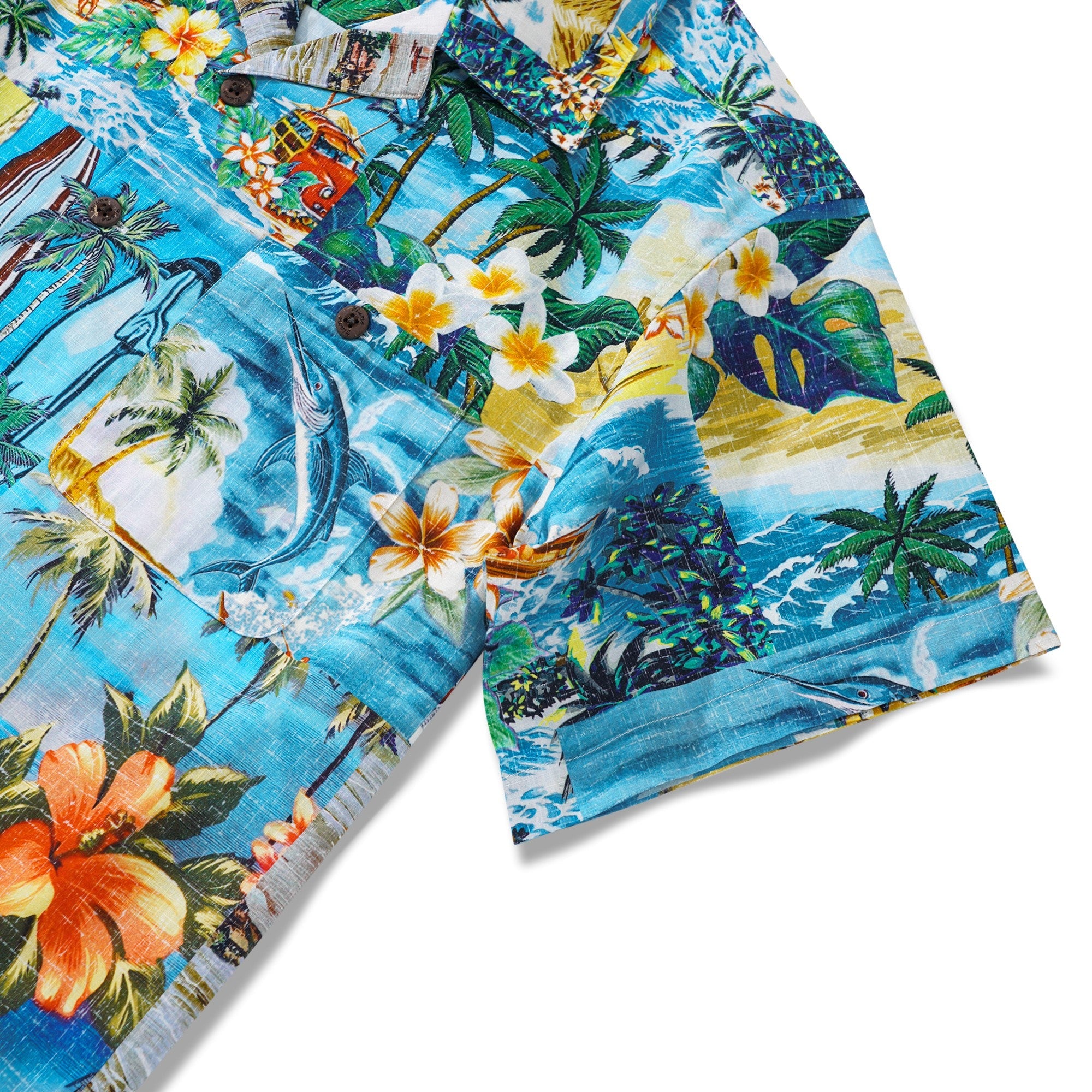 Men's Hawaiian Shirt Short Sleeve Camp Collar 100% Cotton Blue Aloha Hawaiian Beach Collage Art