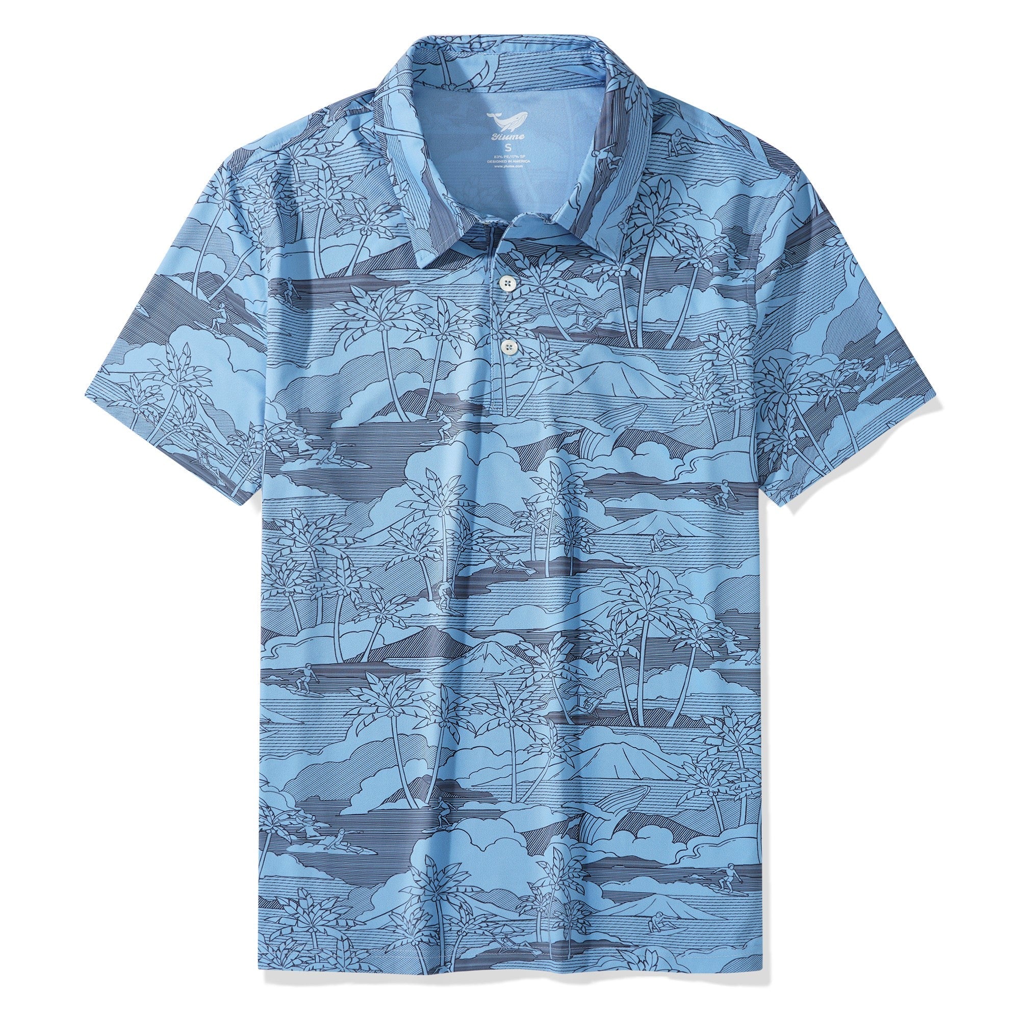 Men's Hawaiian Polo Shirt Short Sleeve 83% Recycled polyester 17% Spandex Blue Aloha Island Surfing