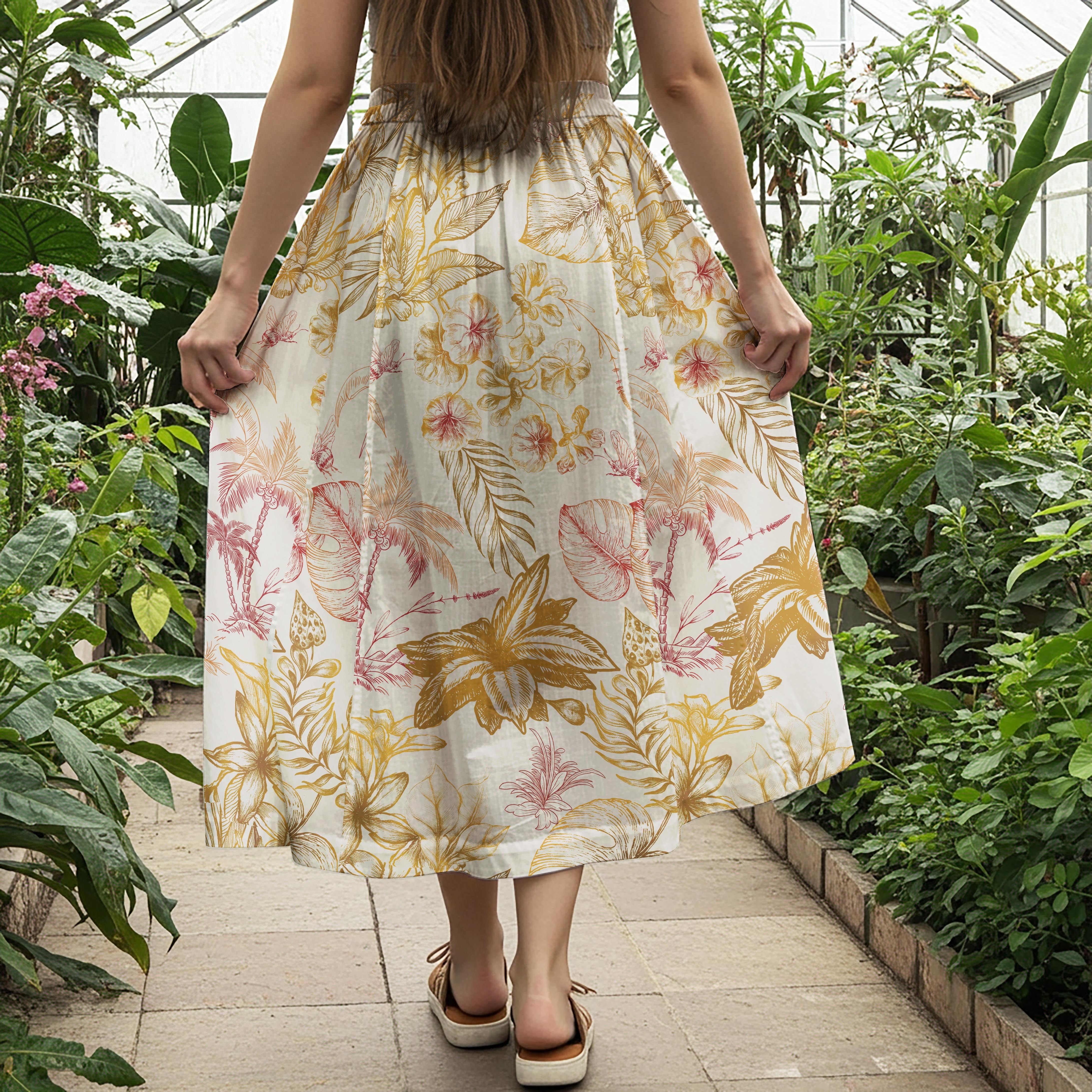 Women Casual Maxi Skirt Long Elastic Waist 100% Cotton Yellow Aloha Tropical Blossoms