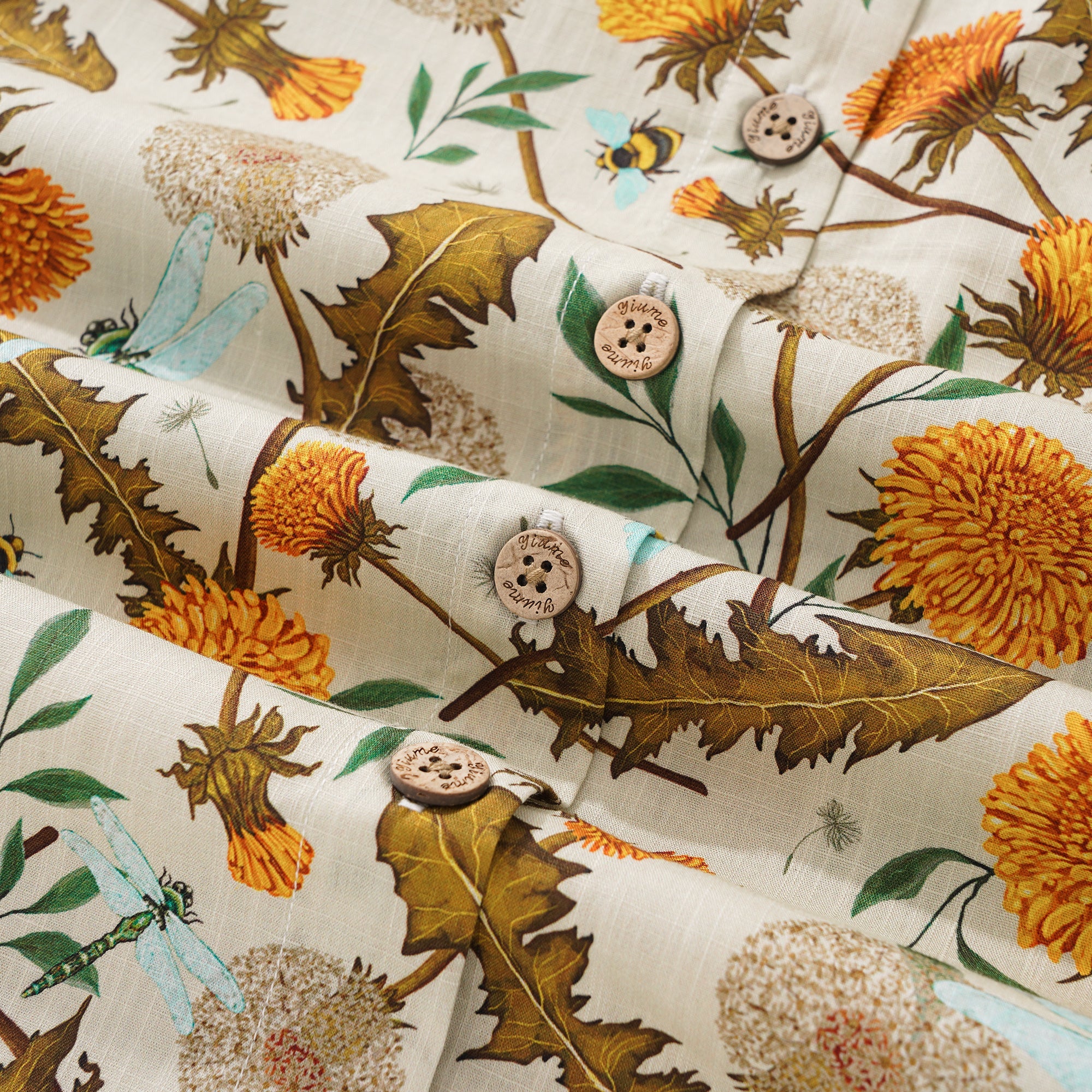 Women's Hawaiian Shirt Short Sleeve Button-up 100% Cotton Yellow Aloha Dandelions and Dragonflies By Silver Steer Design