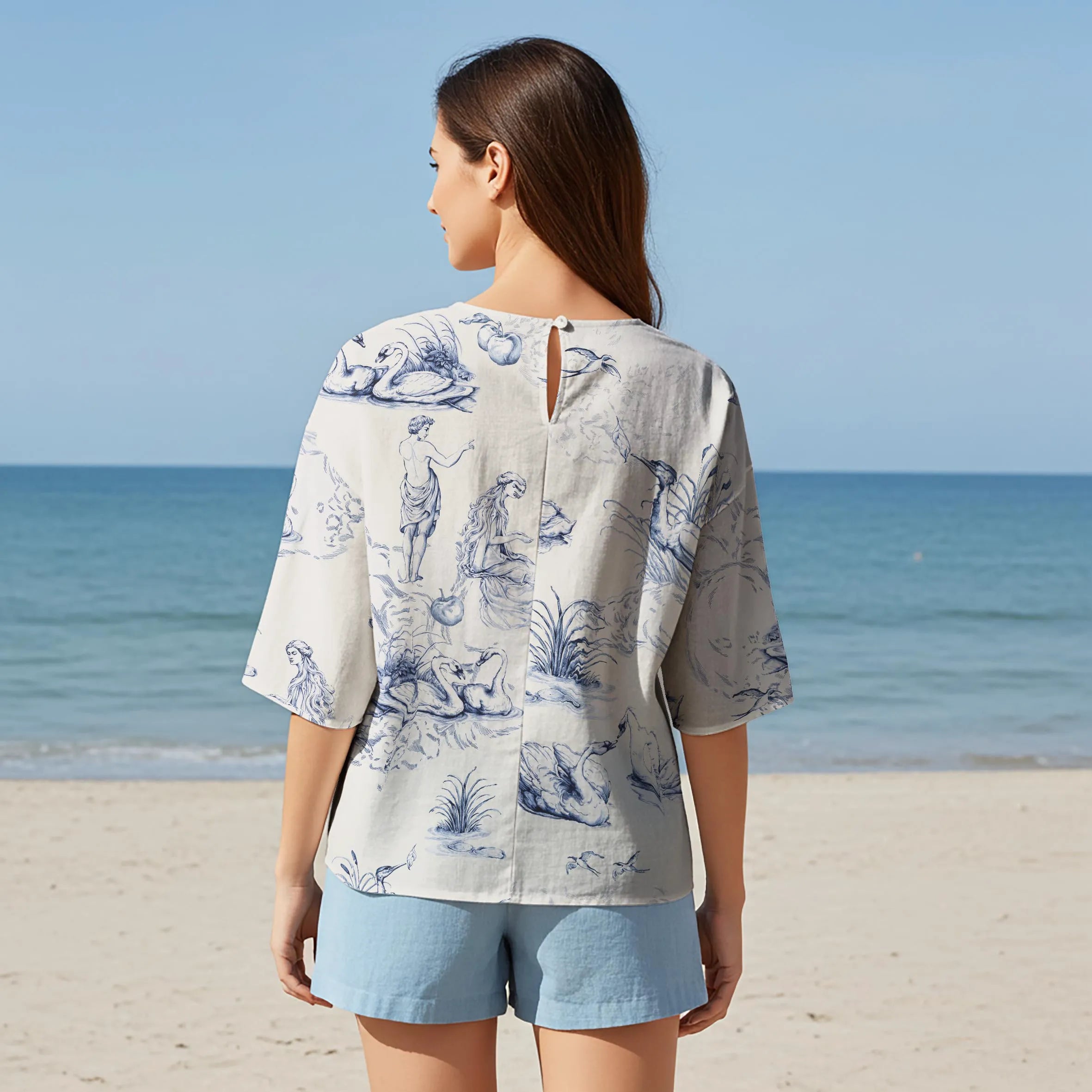 Women Casual Blouse Elbow Sleeve Round Neck Button-Back 95% Tencel, 5% Linen Blue Aloha Mythical Arcadia