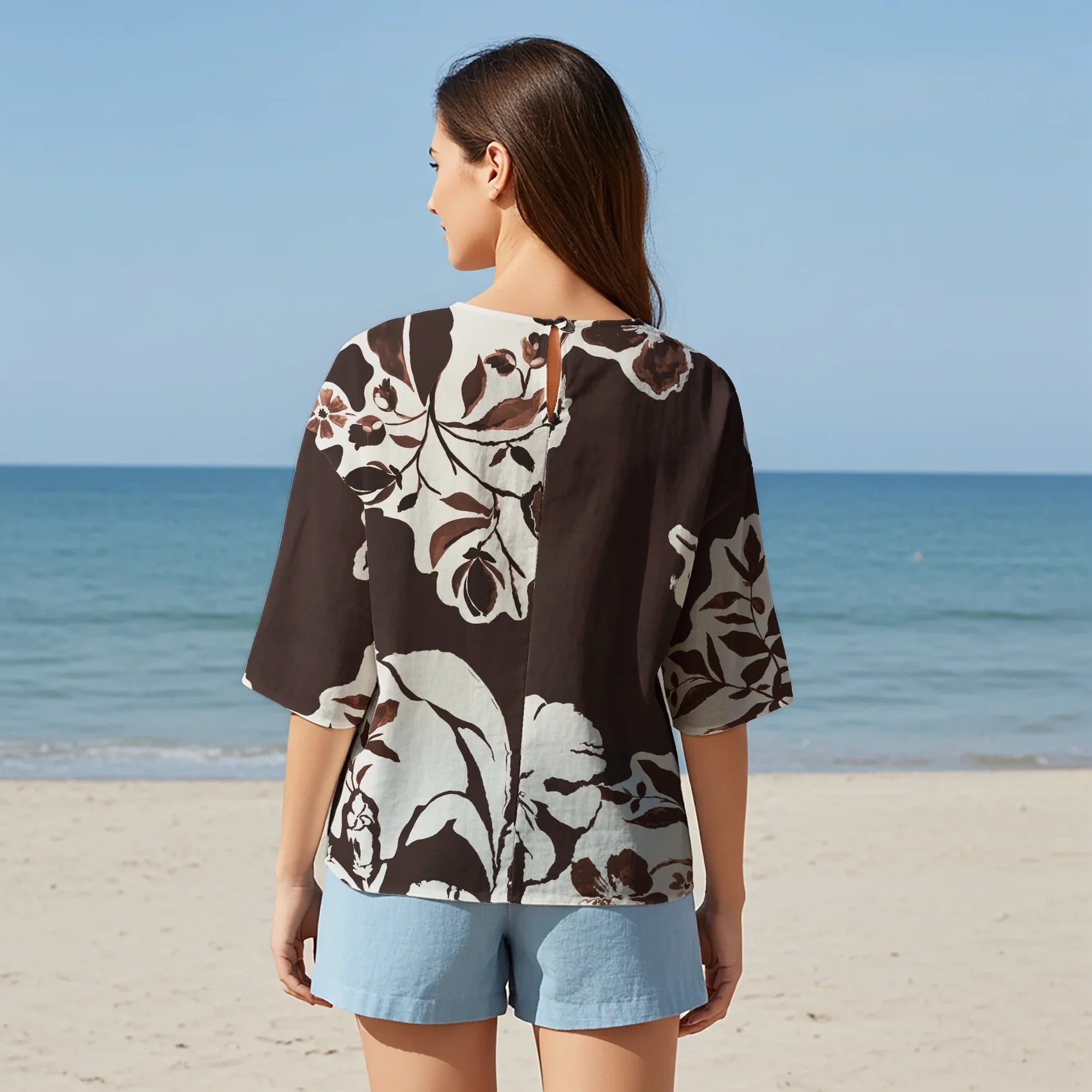 Women Casual Blouse Elbow Sleeve Round Neck Button-Back 95% Tencel, 5% Linen Brown Aloha Vintage Brown Flower