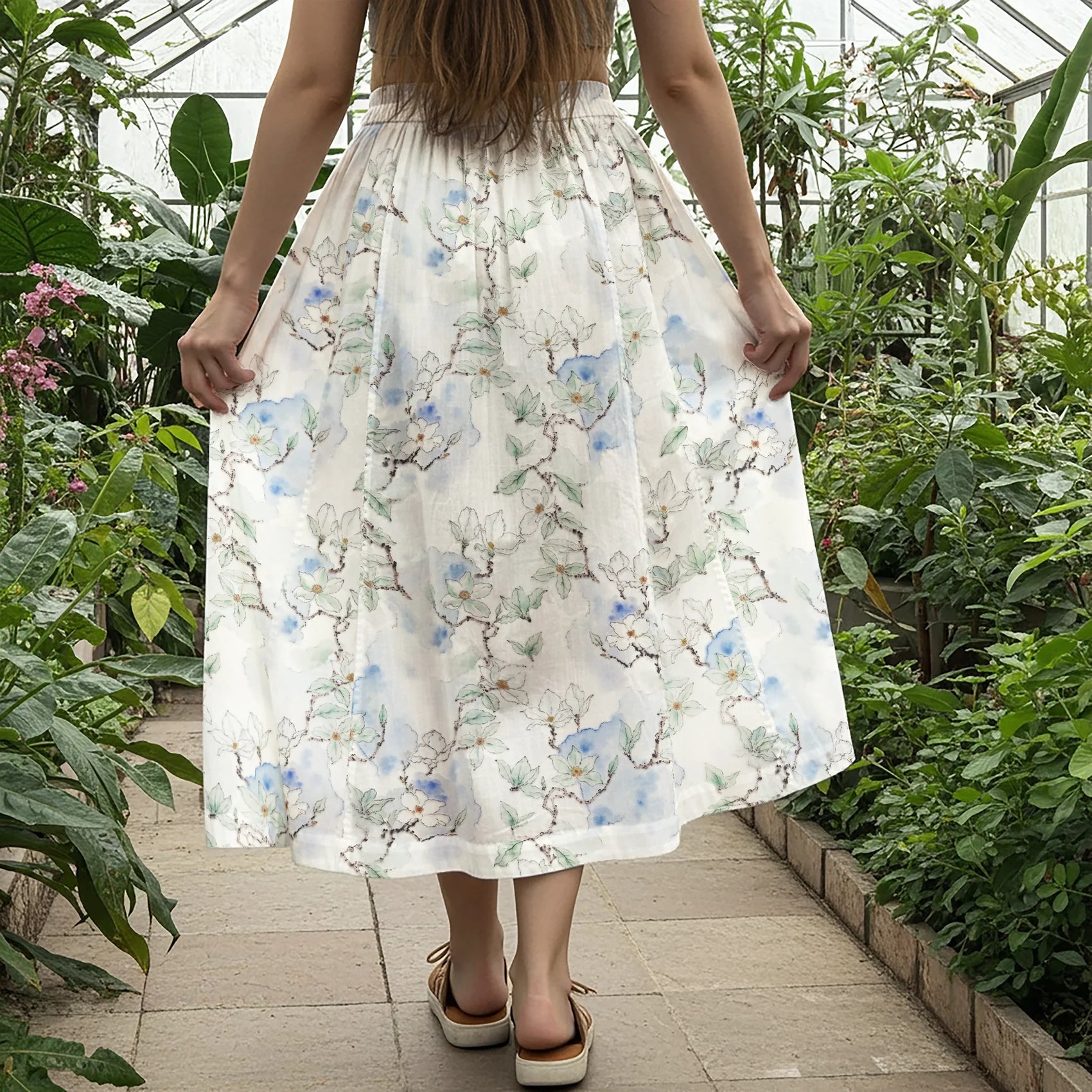 Women Casual Maxi Skirt Long Elastic Waist with Pockets 100% Cotton Green Aloha Glass Oriental Dream